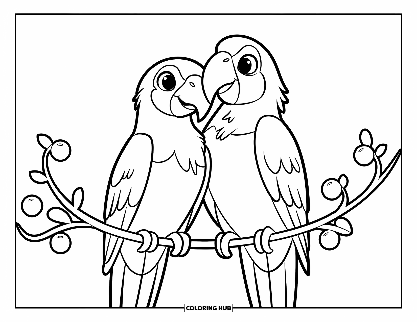 Dibujo de loro para colorear para niños: Dos loros se posan en una enredadera con pequeñas frutas redondas