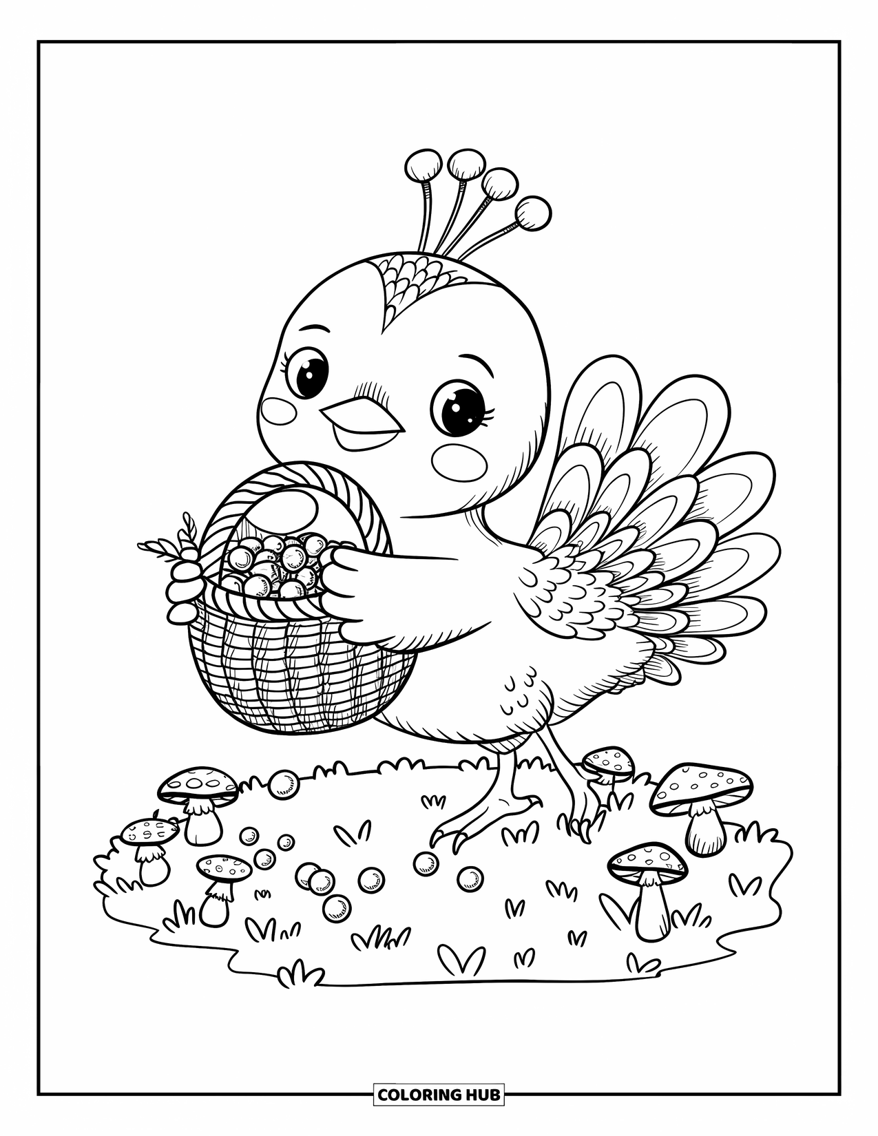 Disegno da colorare di un pavone per adulti: Un pavone felice trasporta un cesto di bacche, alcune che cadono fuori