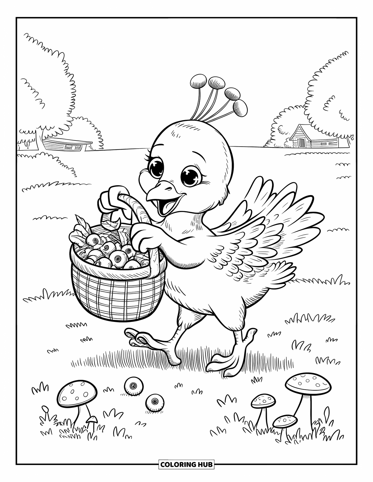 Disegno da colorare di un pavone per adulti: Un pavone felice trasporta bacche in un cesto, alcune che cadono fuori