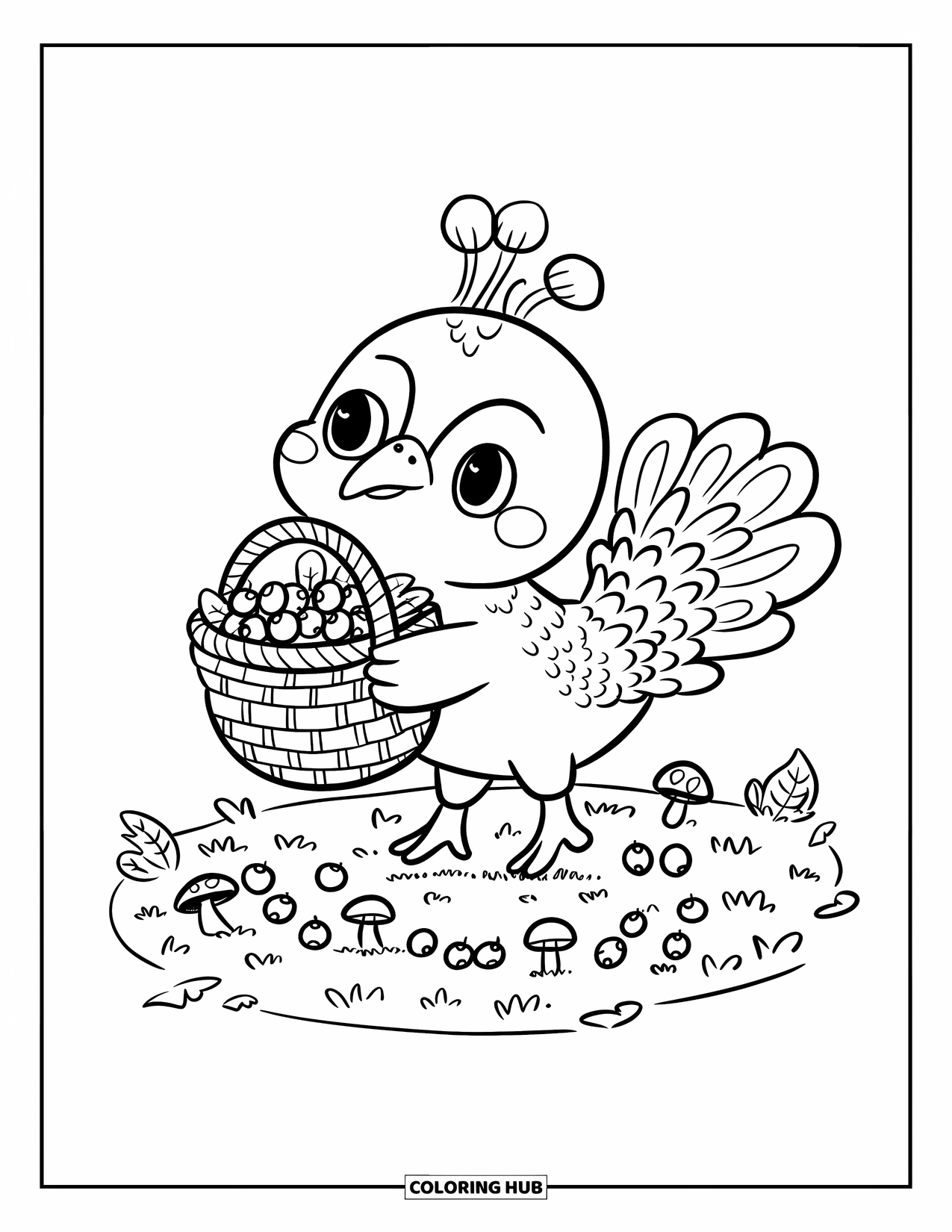 Disegno da colorare di un pavone per adulti: Un pavone trasporta un cesto di bacche, alcune che cadono a terra