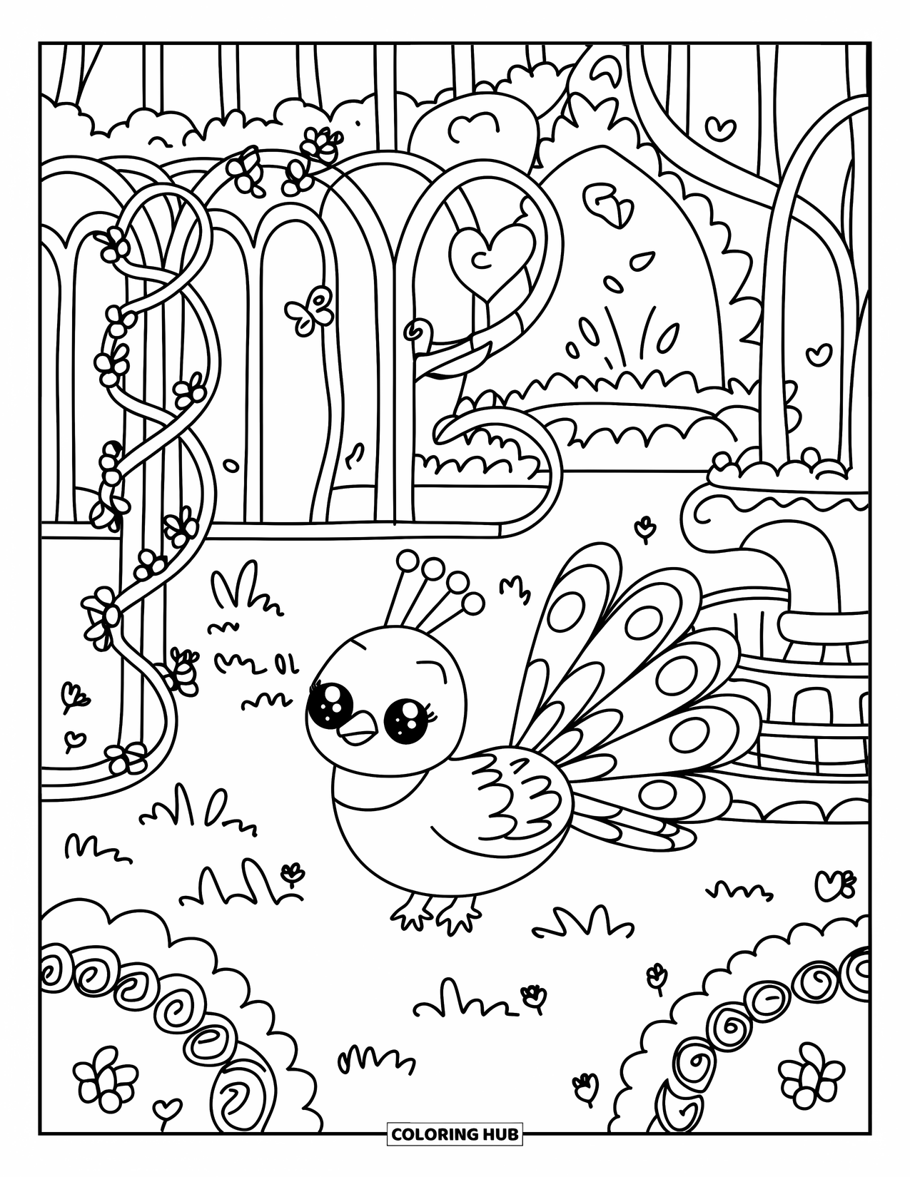 Disegno da colorare di un pavone per adulti: Un pavone esplora un giardino pieno di viti, farfalle e una fontana