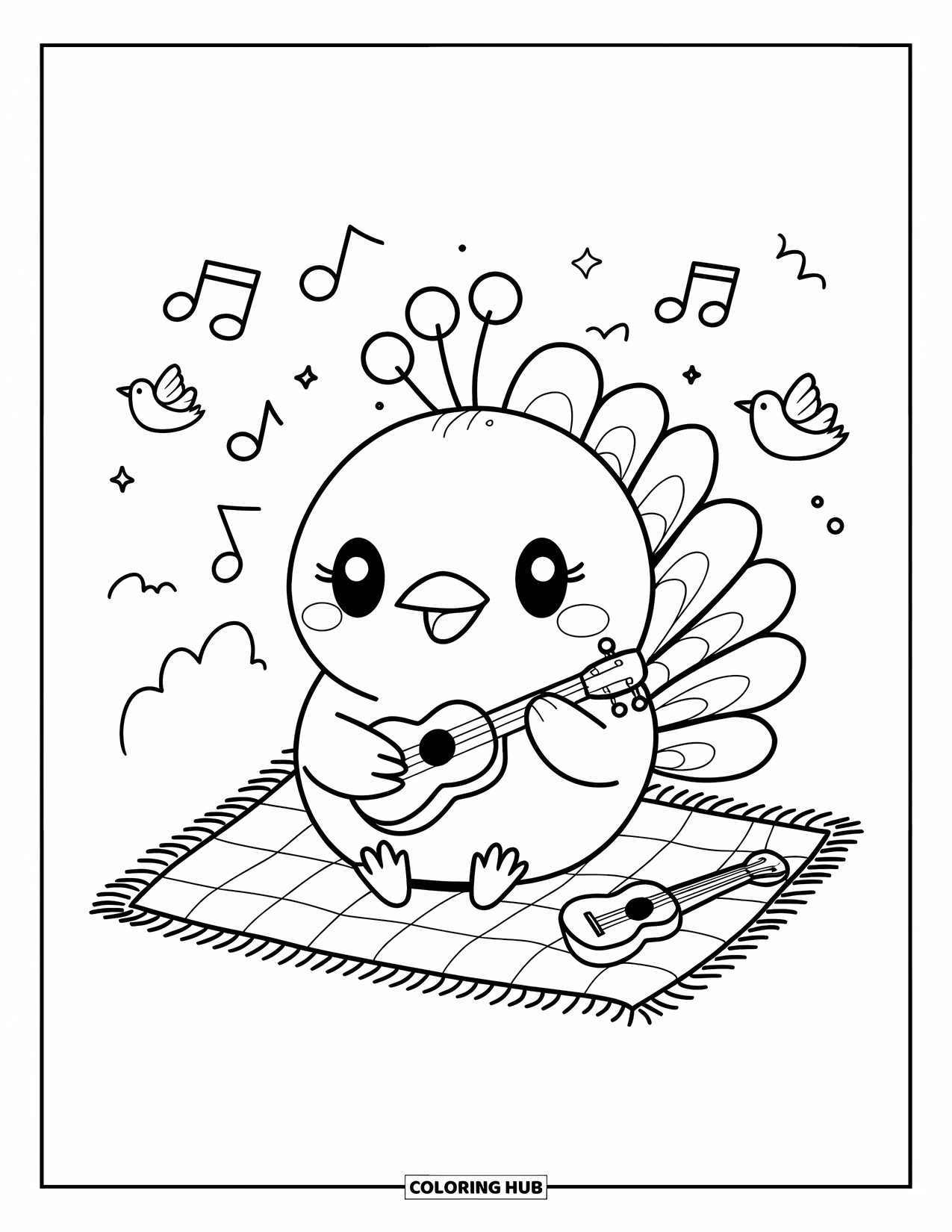 Disegno da colorare di un pavone per adulti: Un pavone suona felicemente un ukulele, circondato da note musicali e uccelli