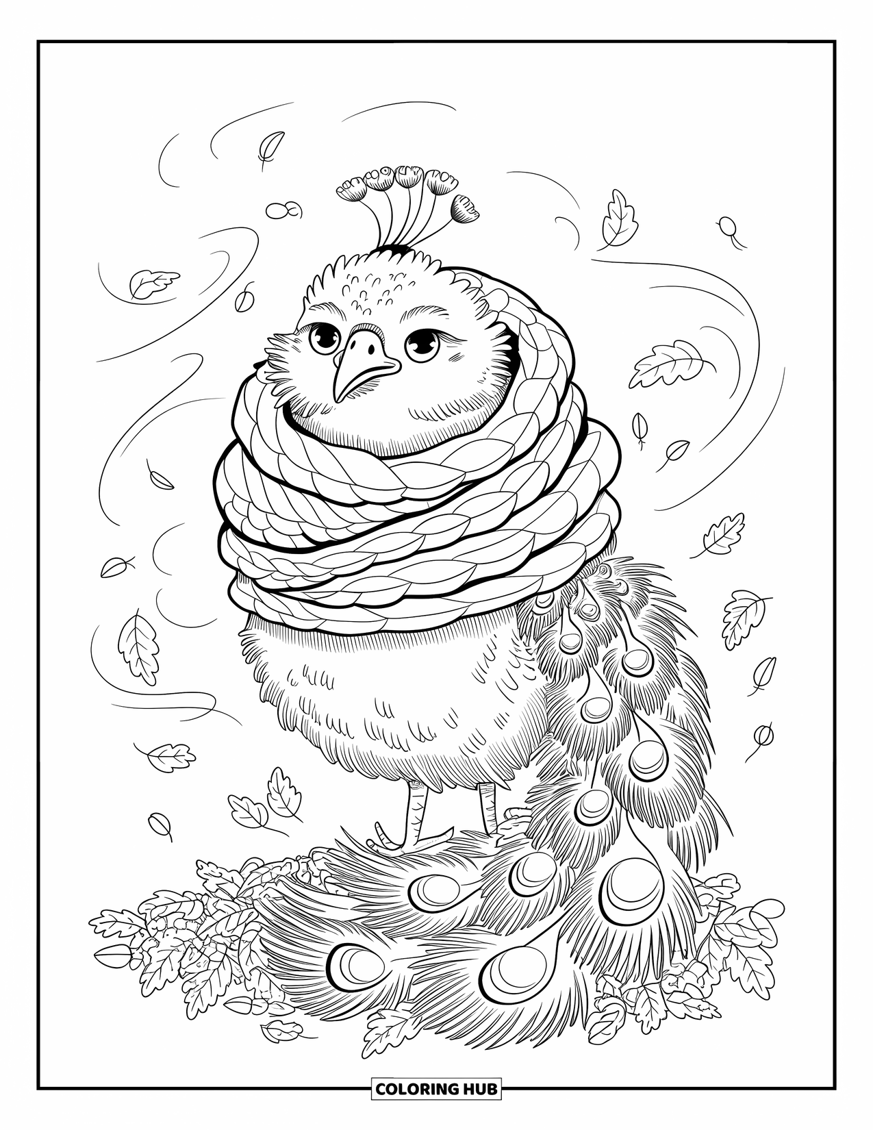 Disegno da colorare di un pavone per adulti: Un pavone con una sciarpa accogliente si erge sulle foglie, con il vento che soffia dolcemente