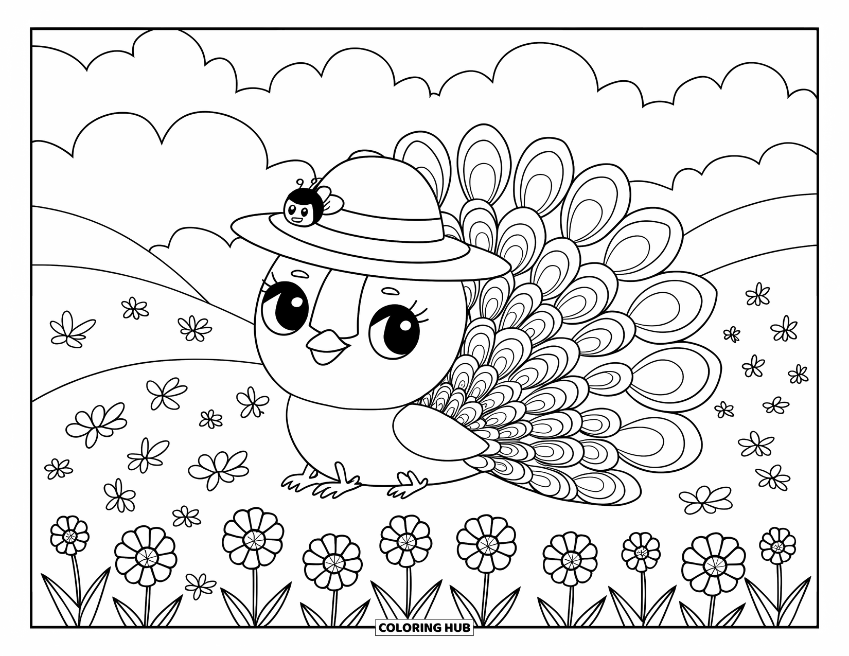 Disegno da colorare di un pavone per adulti: Un pavone con un cappello da sole si rilassa tra i fiori, con un bombo nelle vicinanze