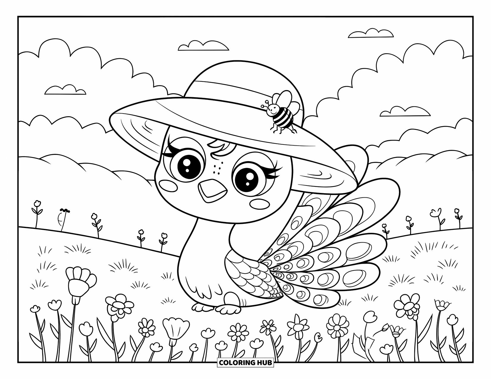 Disegno da colorare di un pavone per adulti: Un pavone con un cappello da sole riposa in un prato mentre un bombo si siede sul suo cappello