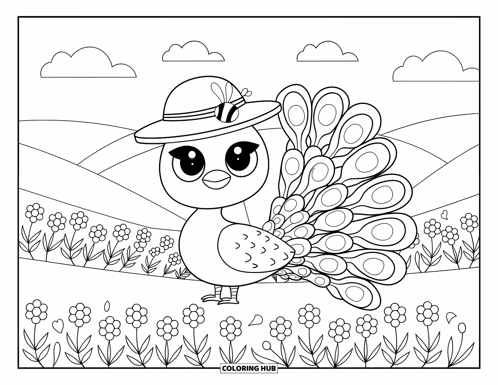 Disegno da colorare di un pavone per adulti: Un pavone con un cappello da sole siede tra i fiori, con un bombo sul cappello