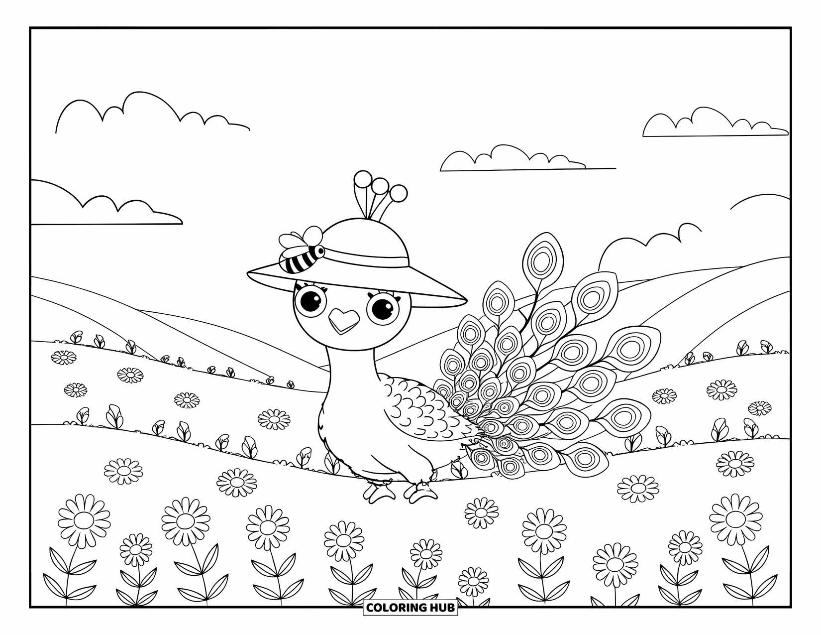 Disegno da colorare di un pavone per adulti: Un pavone con un cappello da sole siede tra i fiori, con un bombo sul cappello