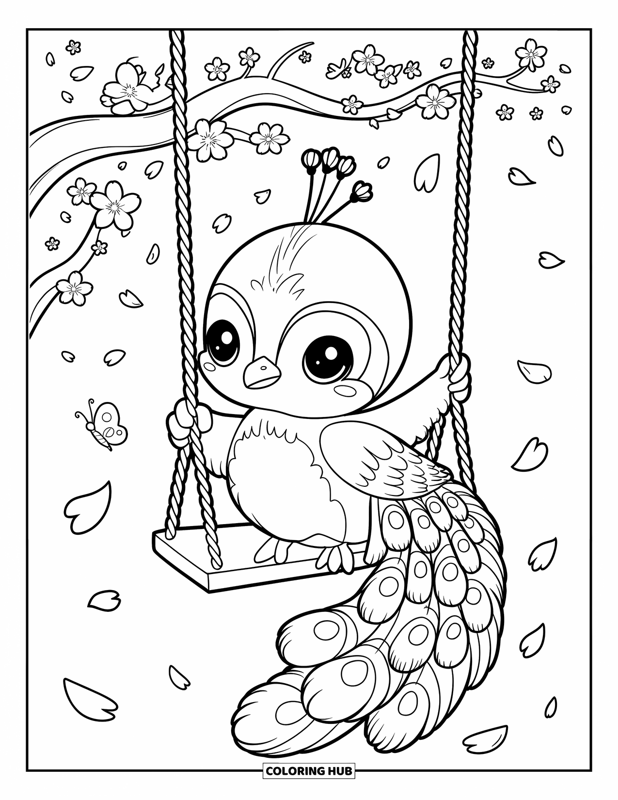 Disegno da colorare di un pavone per adulti: Un pavone su un'altalena oscilla tra fiori di ciliegio e una minuscola farfalla