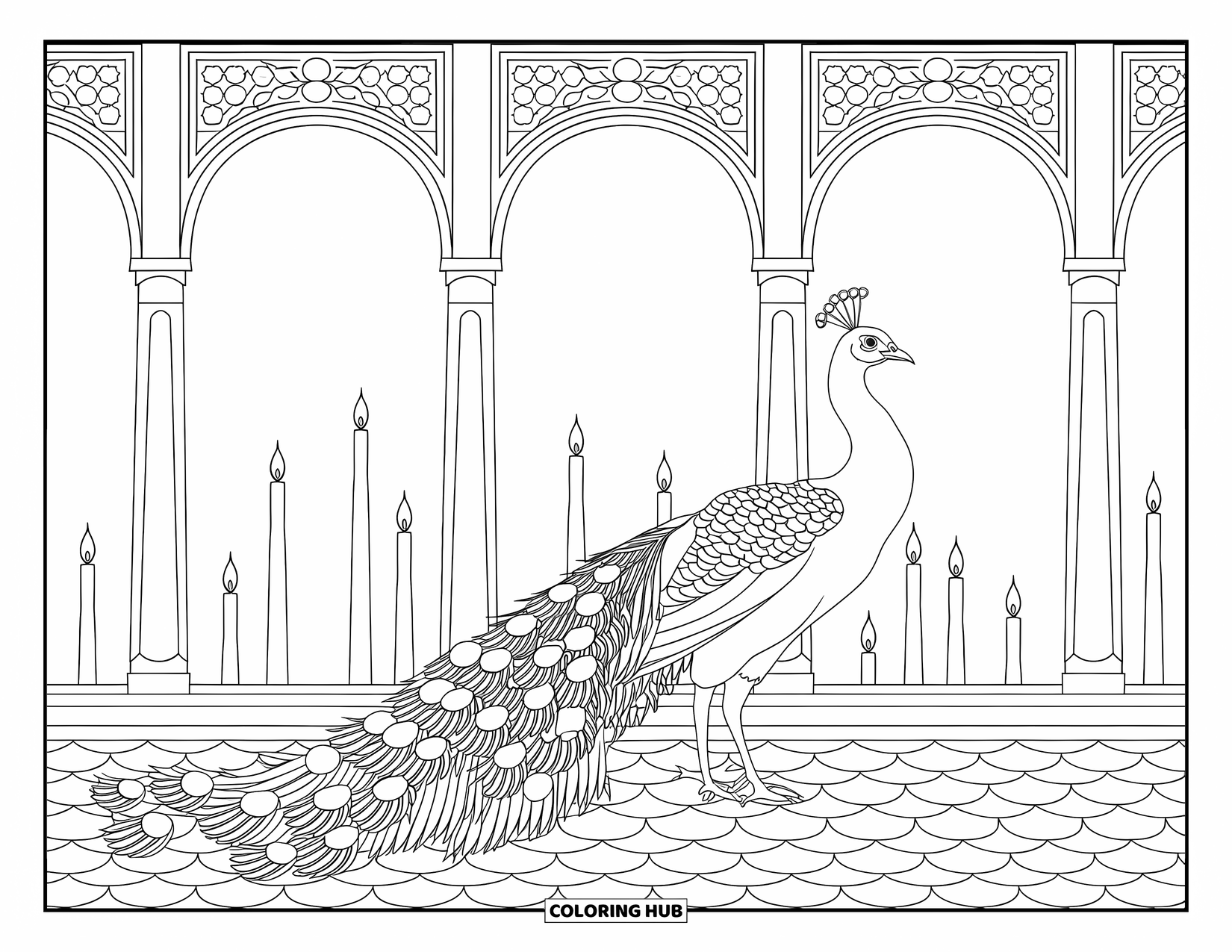 Disegno da colorare di un pavone per adulti: Un pavone si erge in un cortile con alte finestre e un pavimento piastrellato