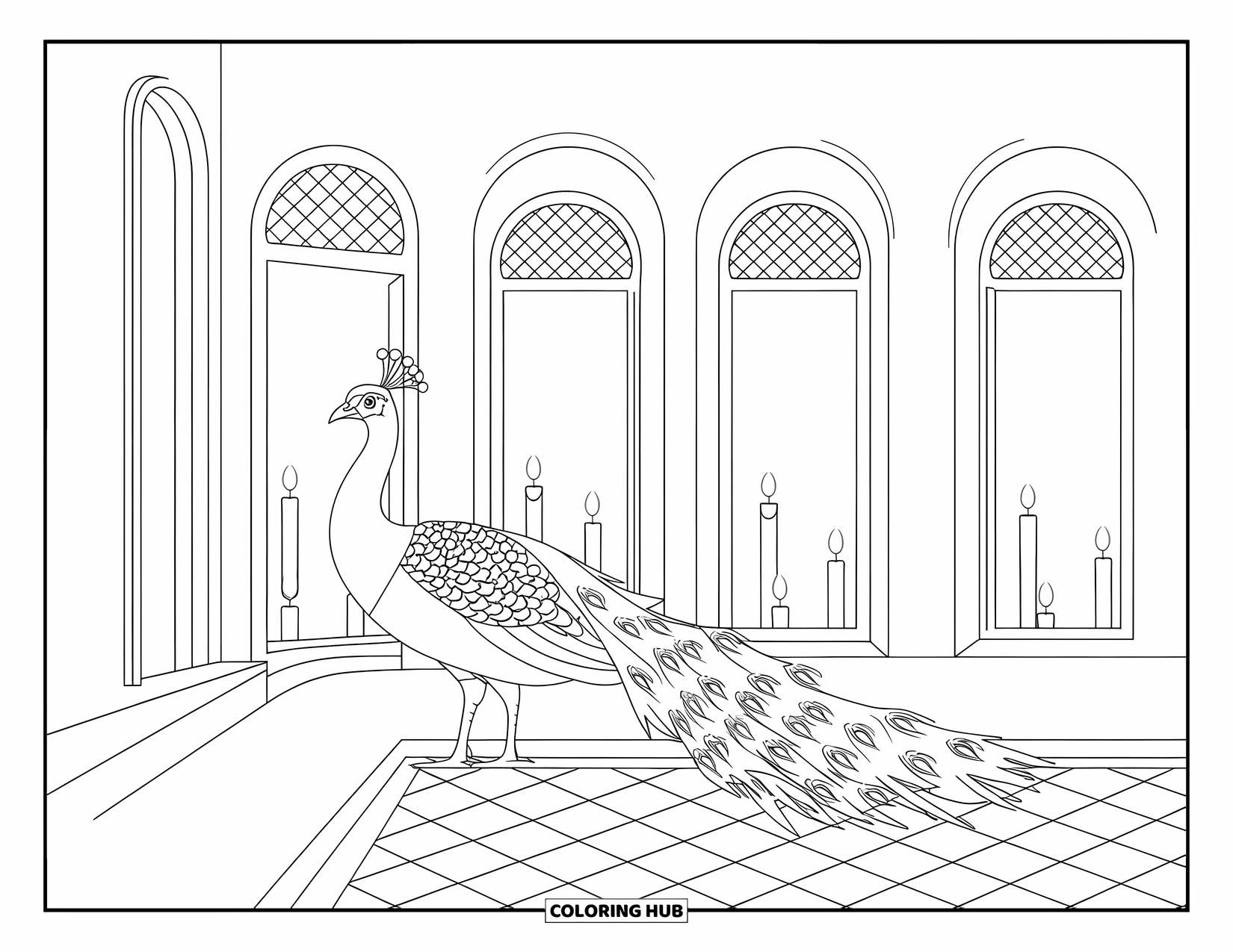 Disegno da colorare di un pavone per adulti: Un pavone si erge in un cortile opulento con finestre ad arco e una soffusa luce di candela