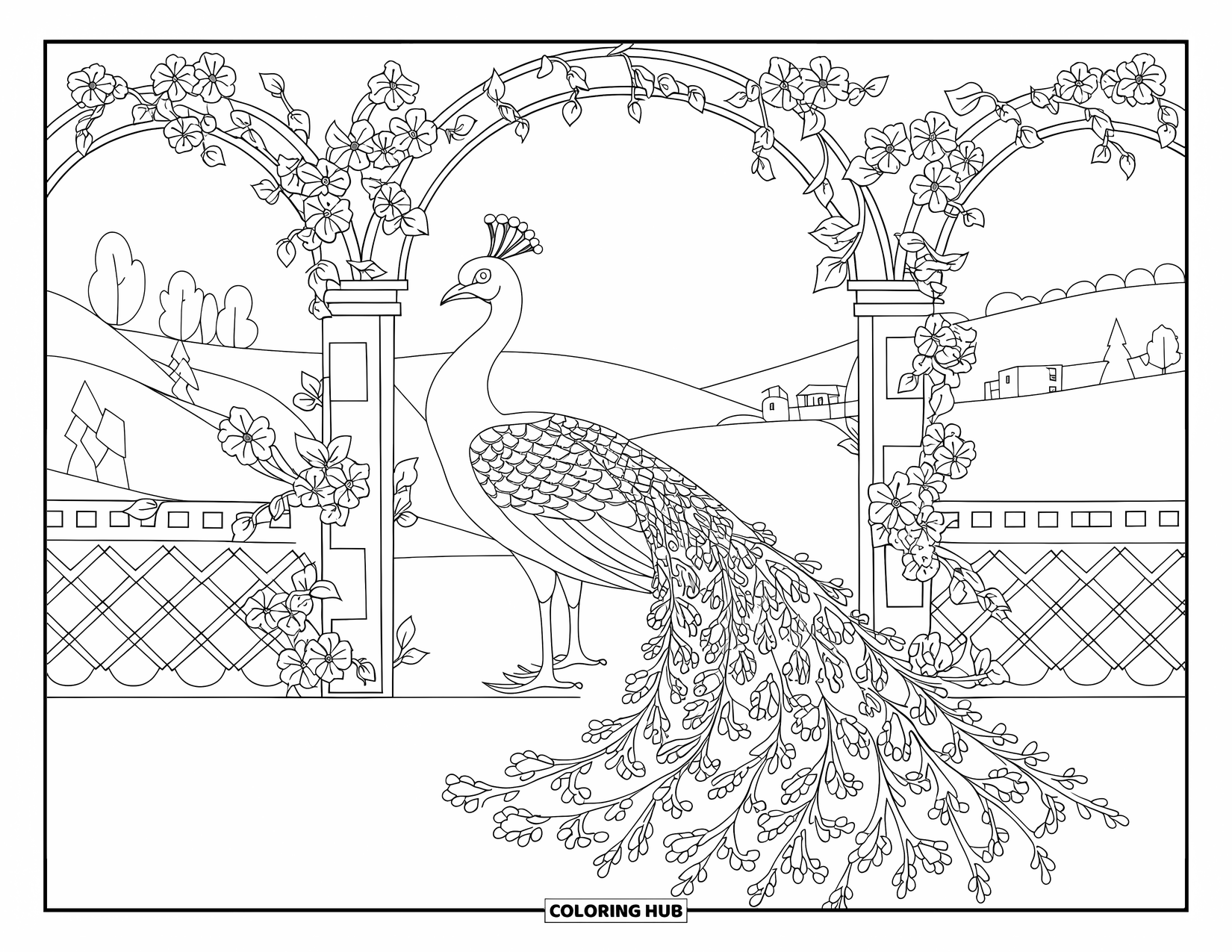 Disegno da colorare di un pavone per adulti: Un pavone si erge sotto un portale con fiori e una coda simile a un merletto