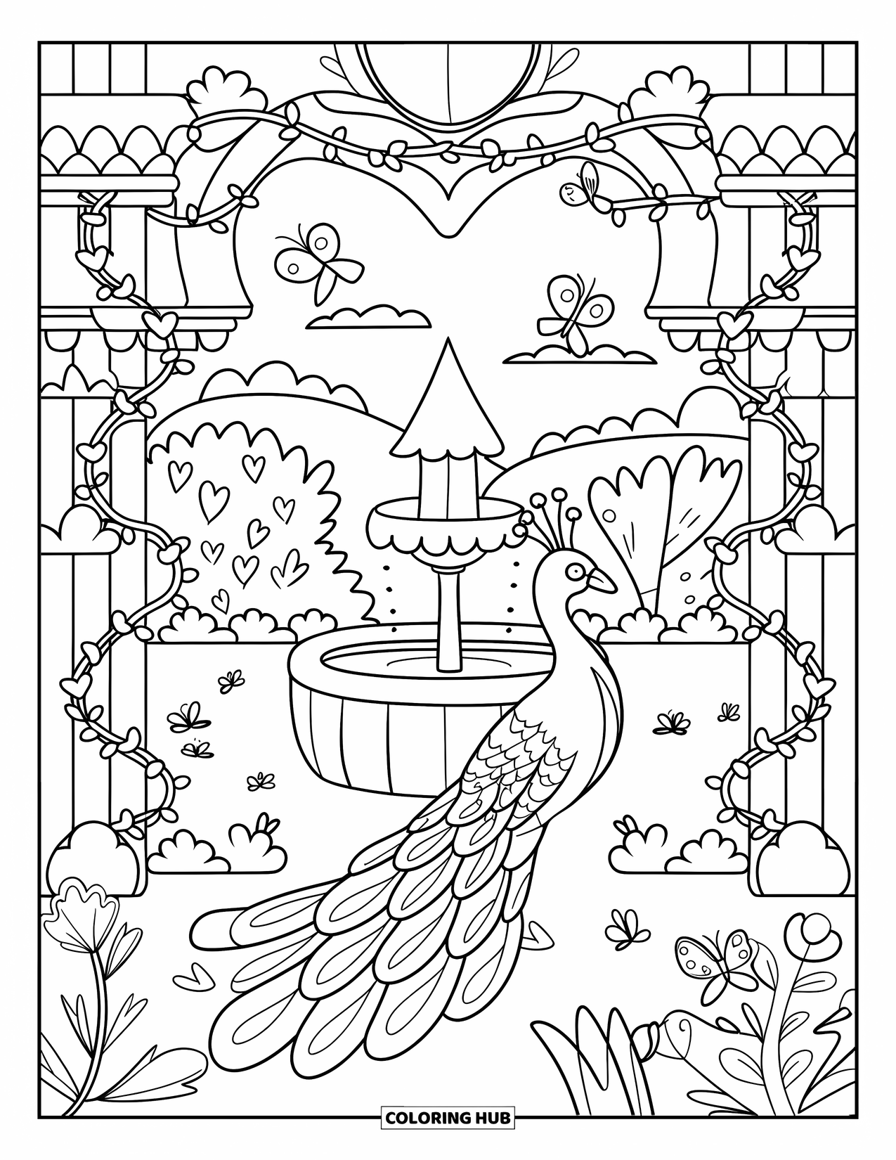 Disegno da colorare di un pavone per adulti: Un pavone vaga in un giardino con viti a forma di cuore, farfalle e una fontana