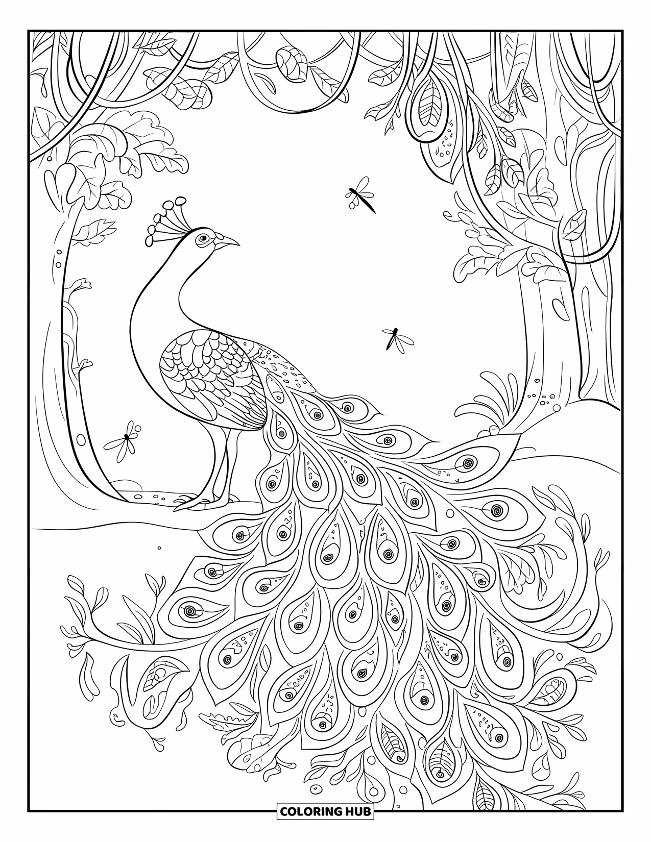 Disegno da colorare di un pavone per adulti: Un pavone con una coda vorticosa si erge tra gli uccelli in una foresta tranquilla