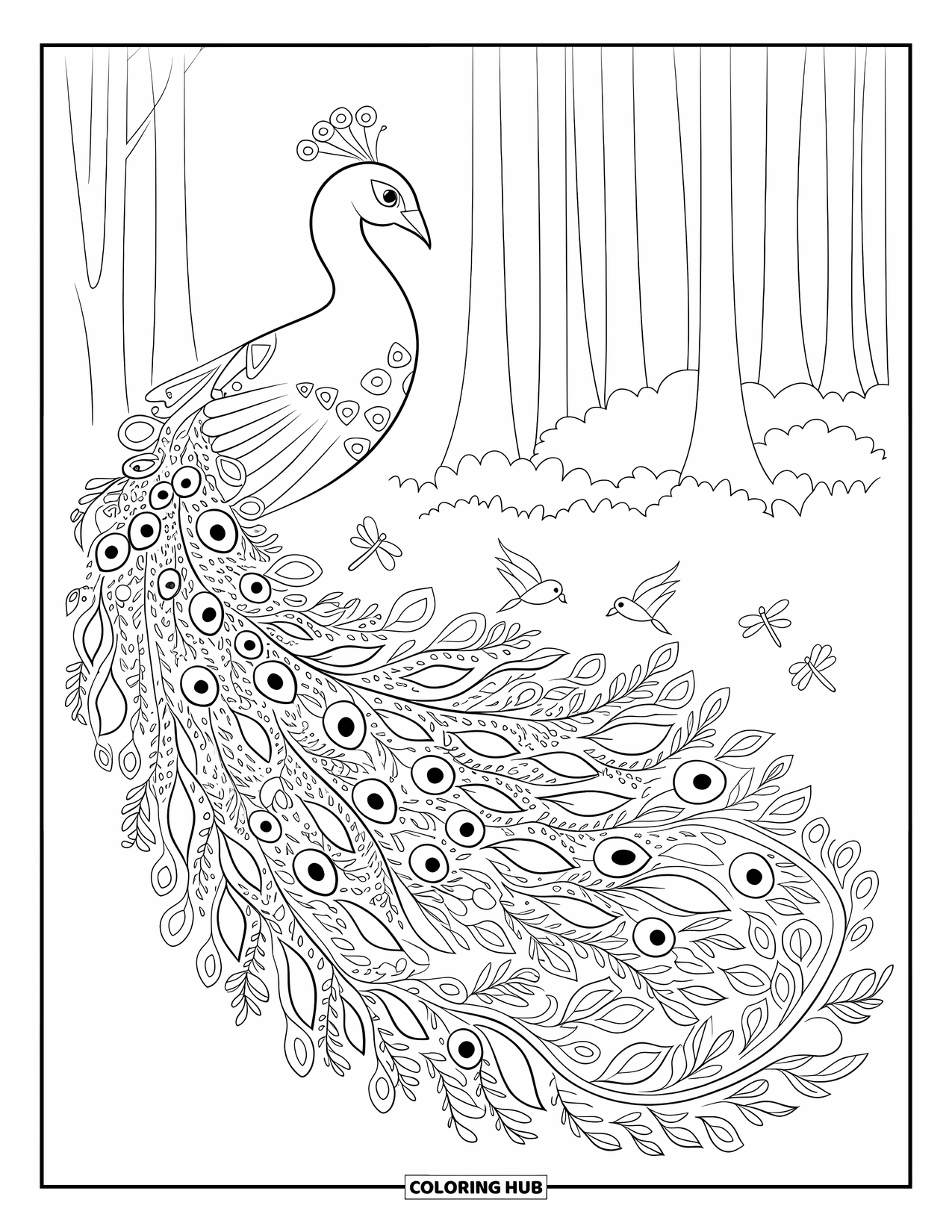 Disegno da colorare di un pavone per adulti: Un pavone con una coda simile a una vite è circondato da uccelli e libellule