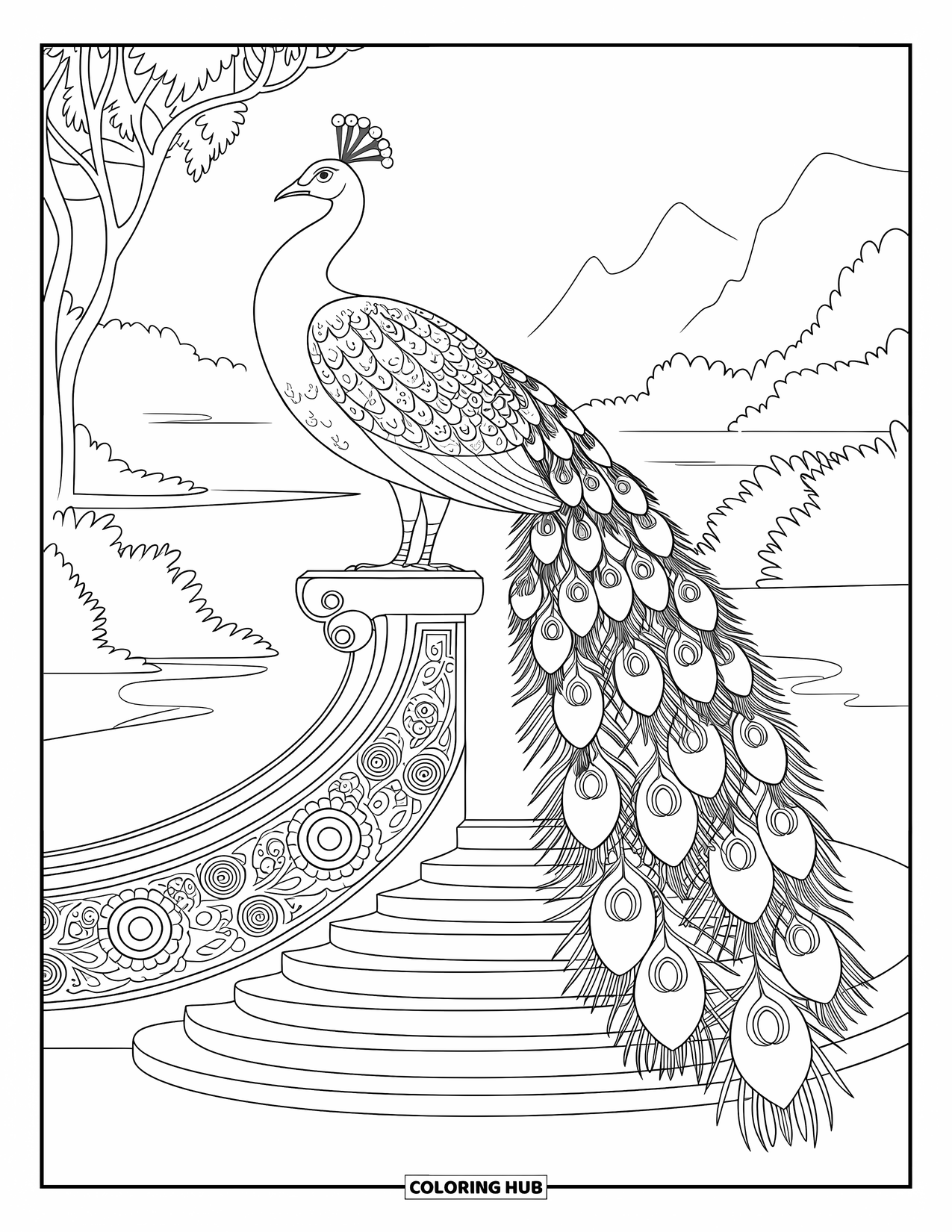 Disegno da colorare di un pavone per adulti: Un pavone con piume a motivi floreali si appollaia su un pilastro scolpito