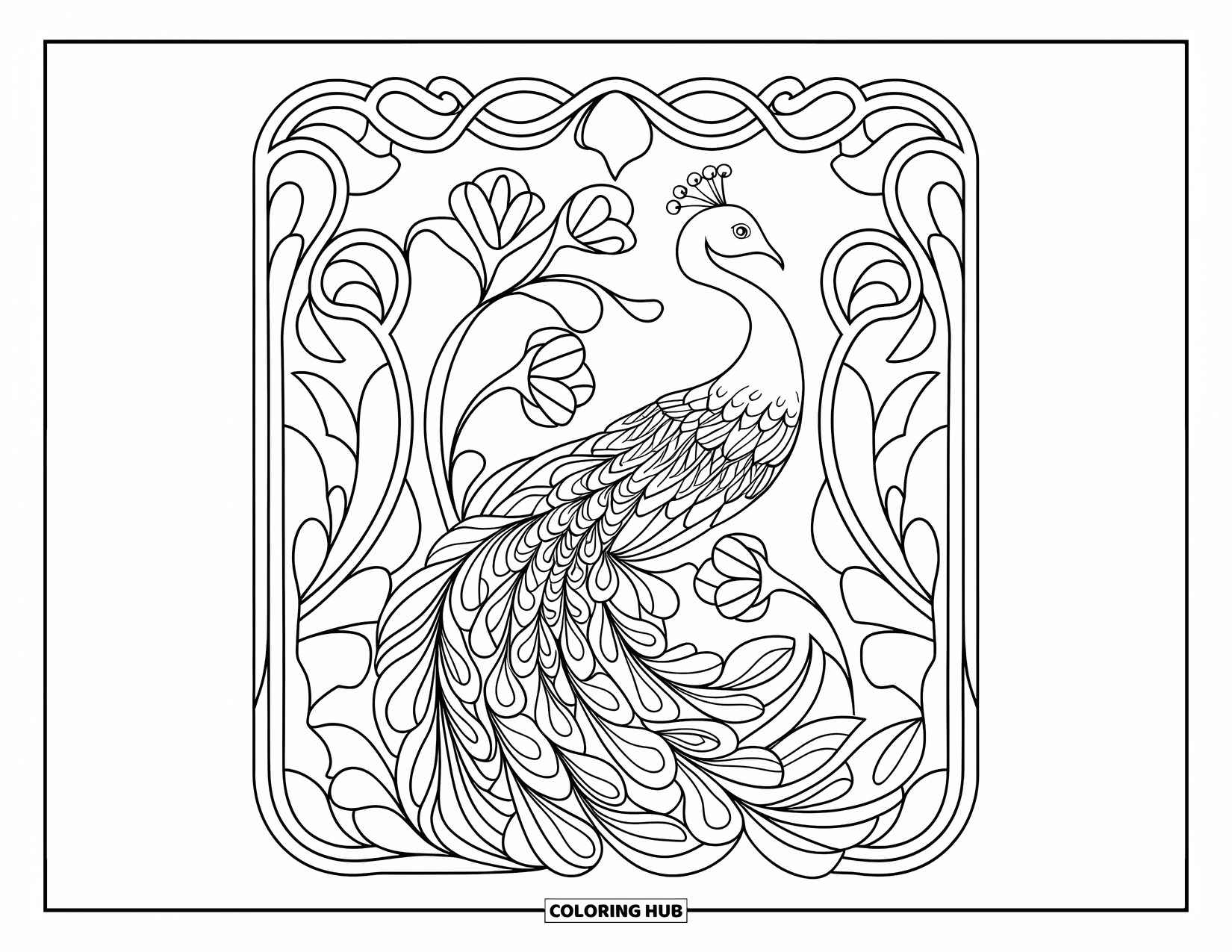 Disegno da colorare di un pavone intrecciato in un design Art Nouveau con curve, viti e fiori