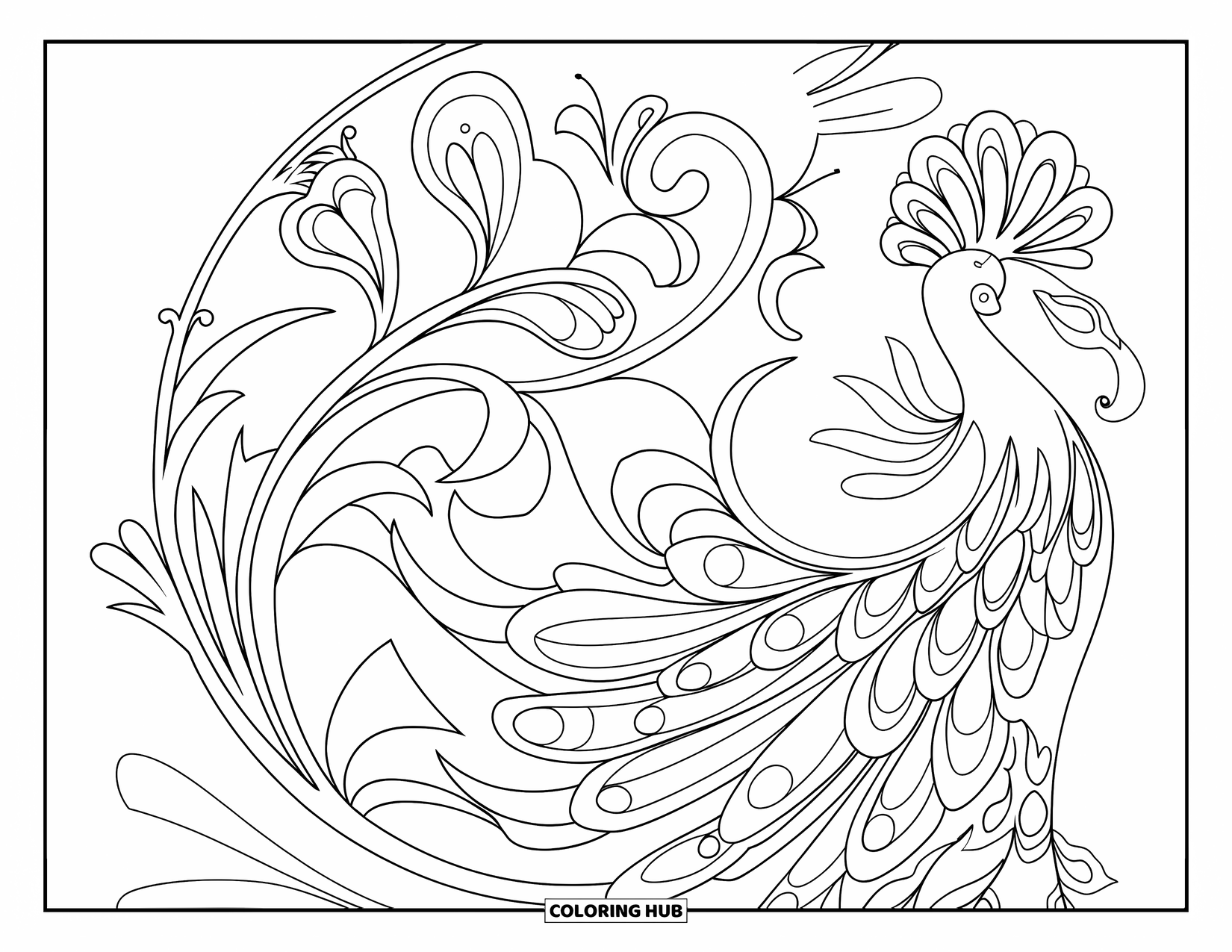 Disegno da colorare di un pavone per adulti: Le piume di un pavone si fondono in viti e fiori in uno stile Art Nouveau