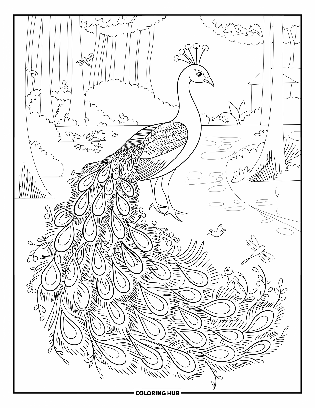 Disegno da colorare di un pavone per adulti: La coda di un pavone diventa viti e spirali in una foresta tranquilla