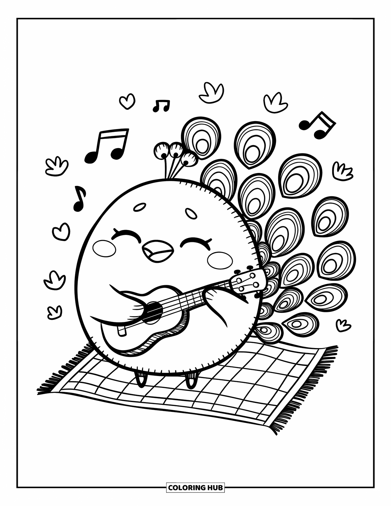 Disegno da colorare di un pavone per adulti: Un pavone rotondo suona un minuscolo ukulele, con note musicali che fluttuano intorno