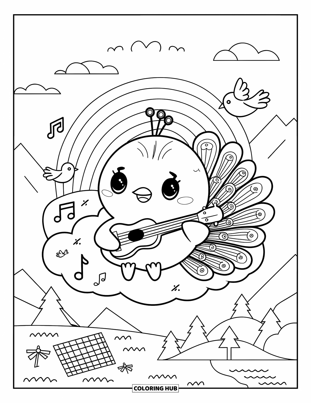 Disegno da colorare di un pavone per adulti: Un pavone rotondo suona un ukulele, con uccelli che cinguettano e note musicali che fluttuano