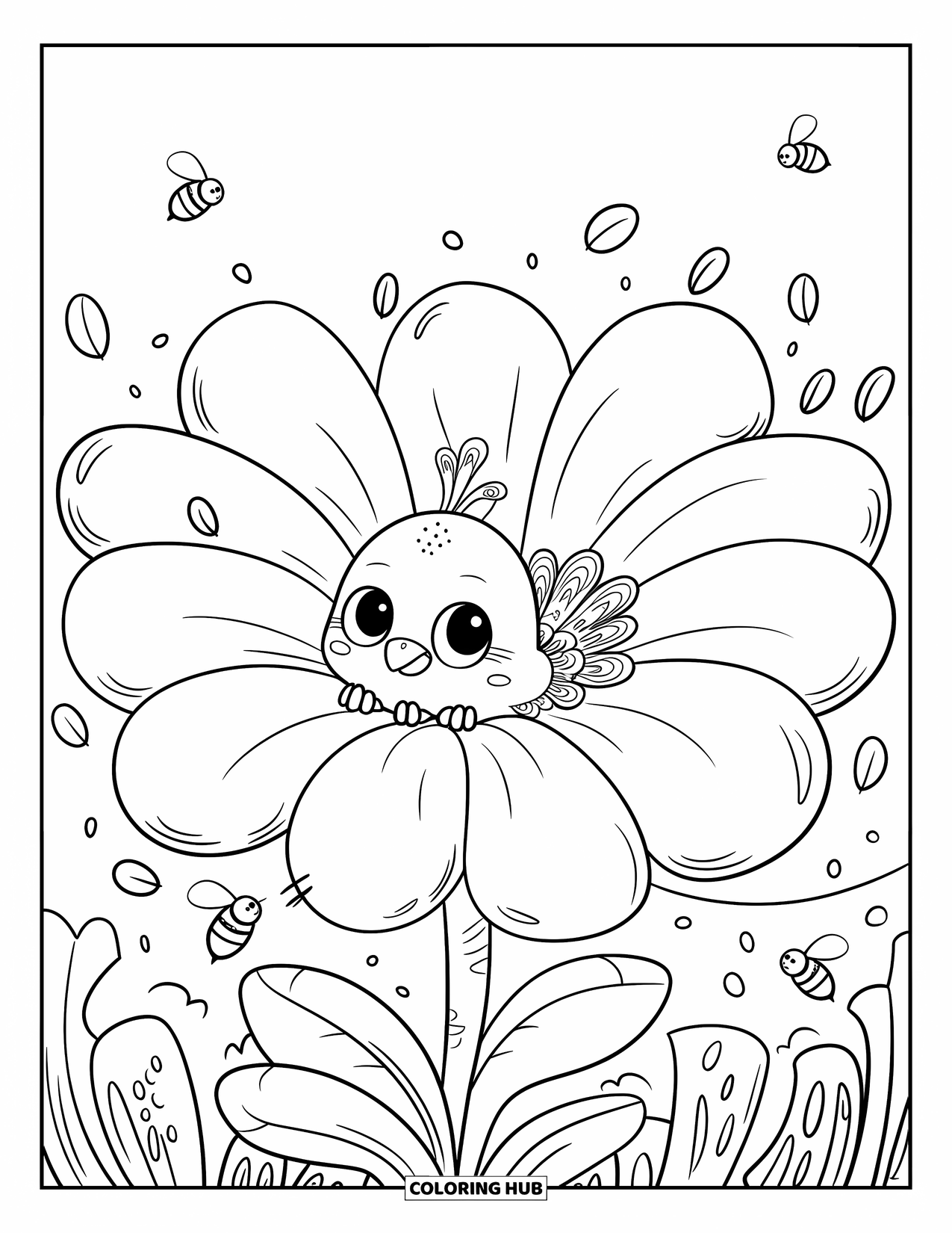 Disegno da colorare di un pavone per adulti: Un pavone timido sbircia da un fiore, circondato da api ronzanti