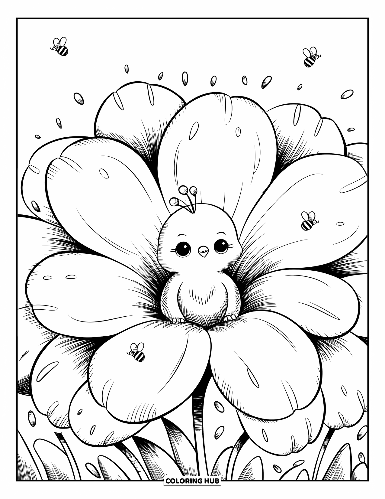 Disegno da colorare di un pavone per adulti: Un pavone timido sbircia da un enorme fiore, con api che ronzano intorno