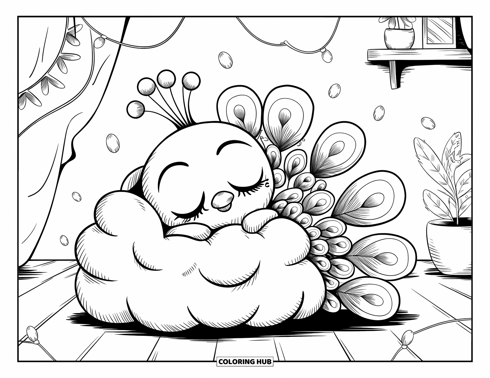 Disegno da colorare di un pavone per adulti: Un pavone assonnato si coccola un peluche, con lucine fatate che brillano dolcemente