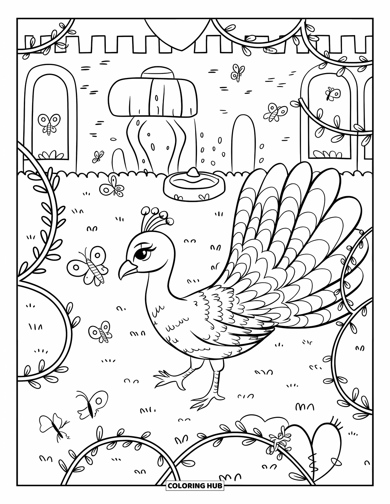 Disegno da colorare di un pavone per adulti: Un minuscolo pavone esplora un giardino con viti a forma di cuore e farfalle