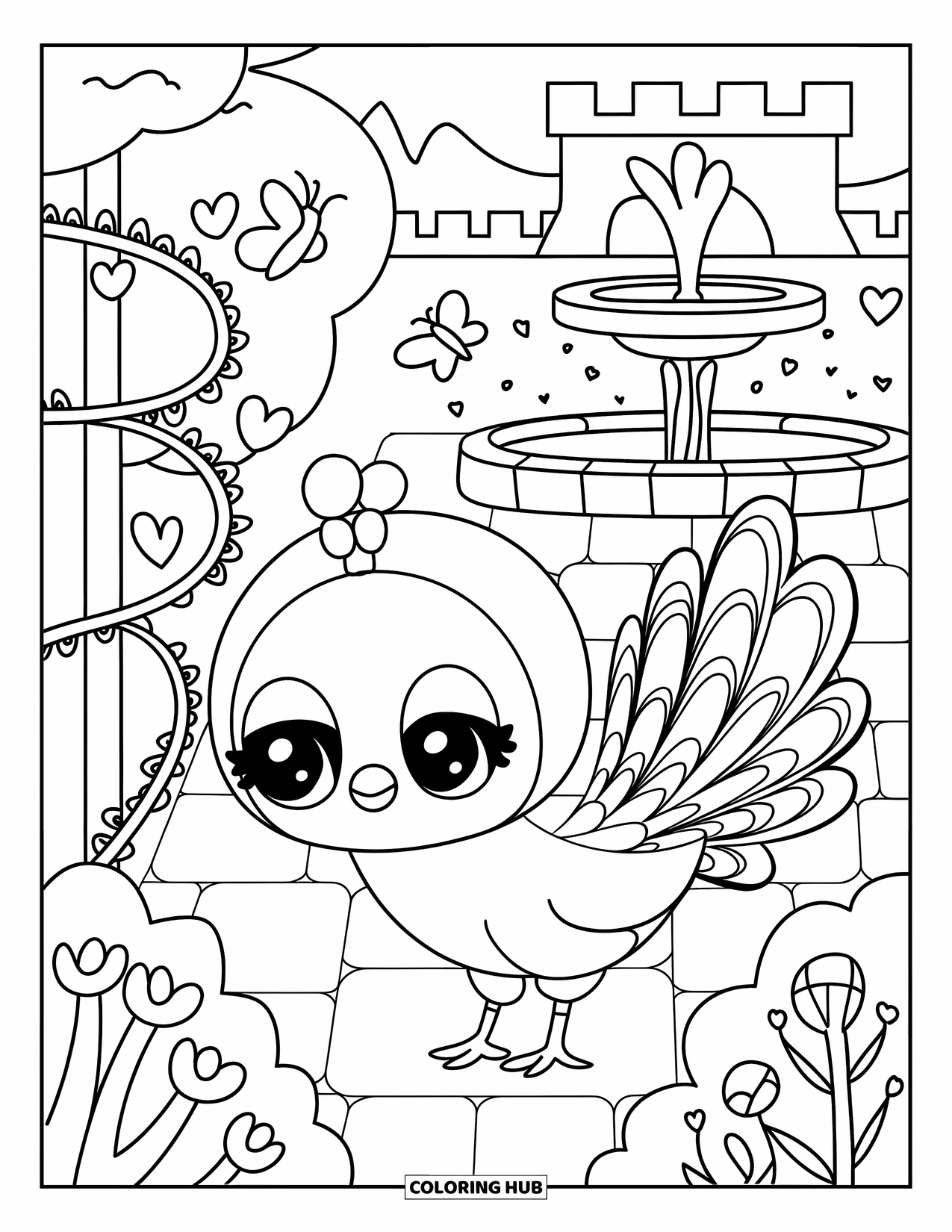 Disegno da colorare di un pavone per adulti: Un minuscolo pavone esplora un giardino con viti, farfalle e una dolce fontana