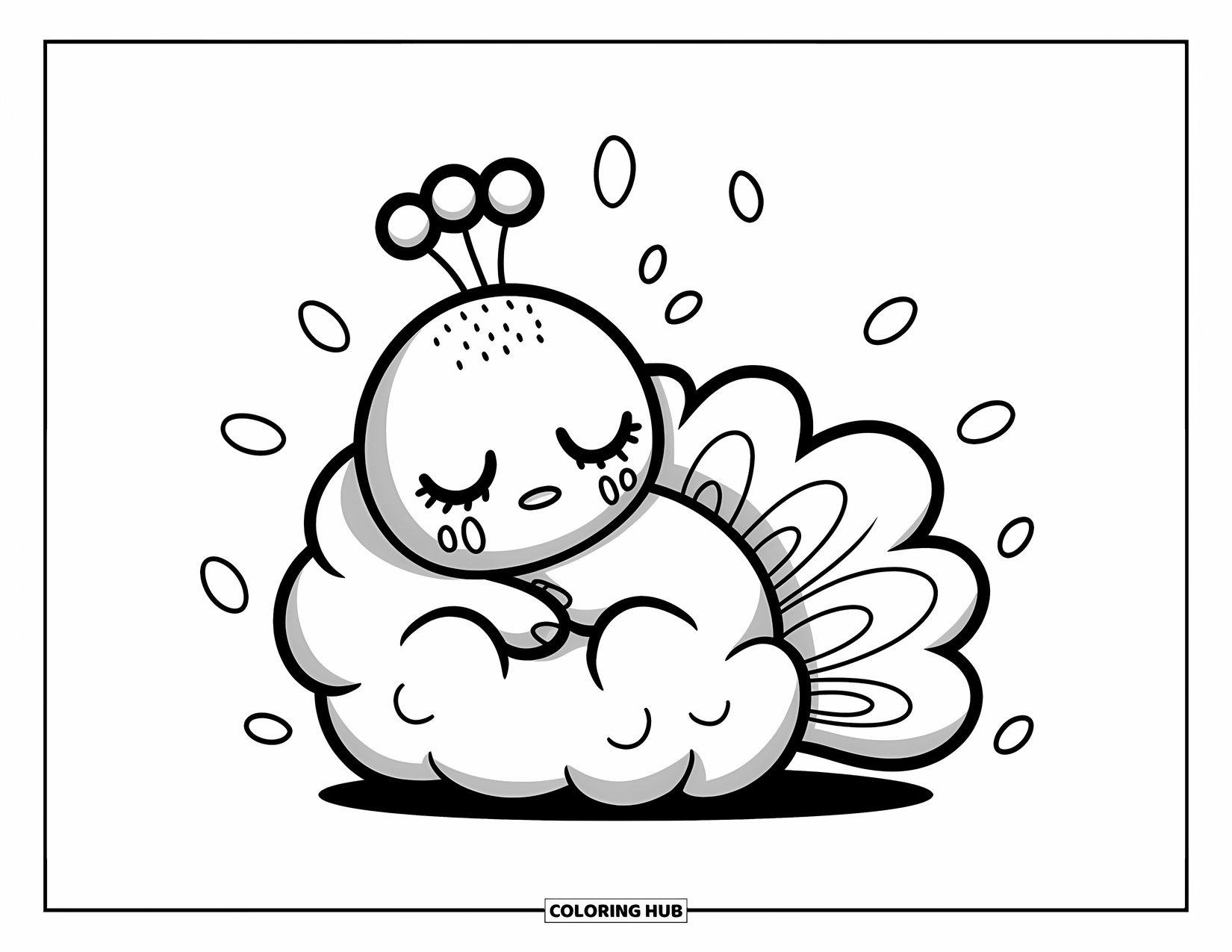 Disegno da colorare di un pavone per adulti: Un minuscolo pavone abbraccia un peluche, con luci soffuse che brillano intorno a loro