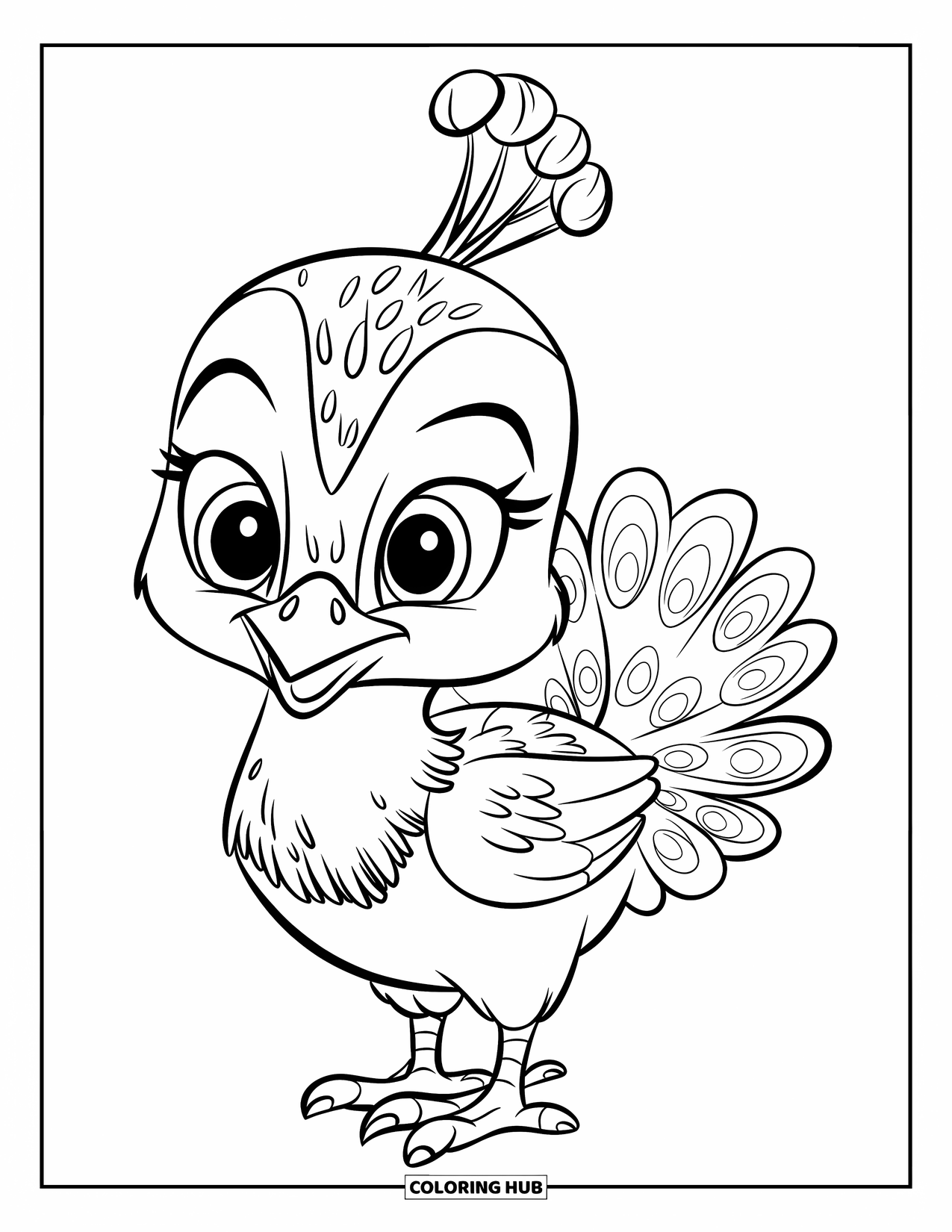 Disegno di pavone da colorare per bambini: Un cucciolo di pavone con occhi piccoli e una coda corta sembra allegro