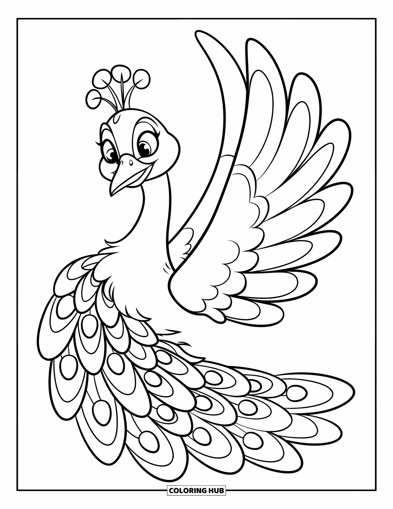 Disegno di pavone da colorare per bambini: Un pavone amichevole sta tranquillamente con le ali leggermente aperte