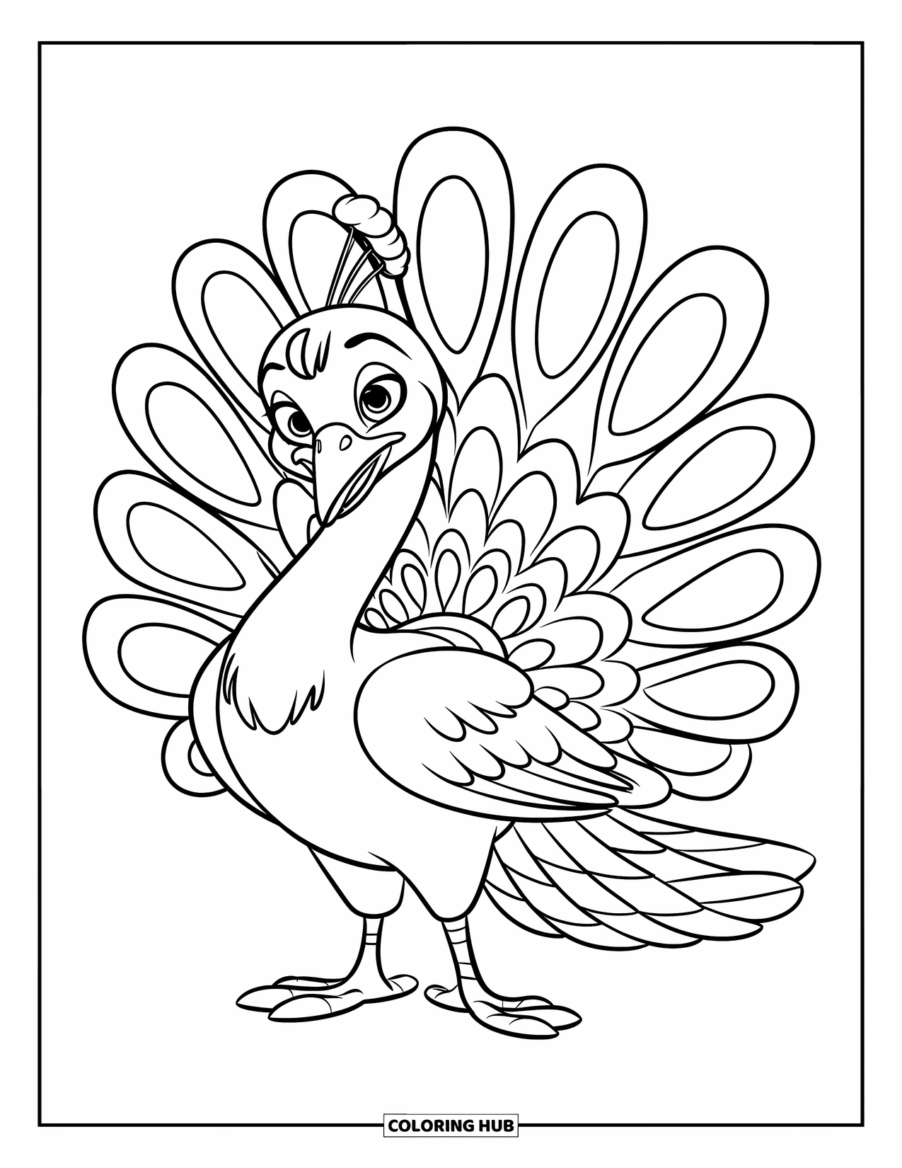 Disegno di pavone da colorare per bambini: Un pavone amichevole si erge con le ali leggermente aperte