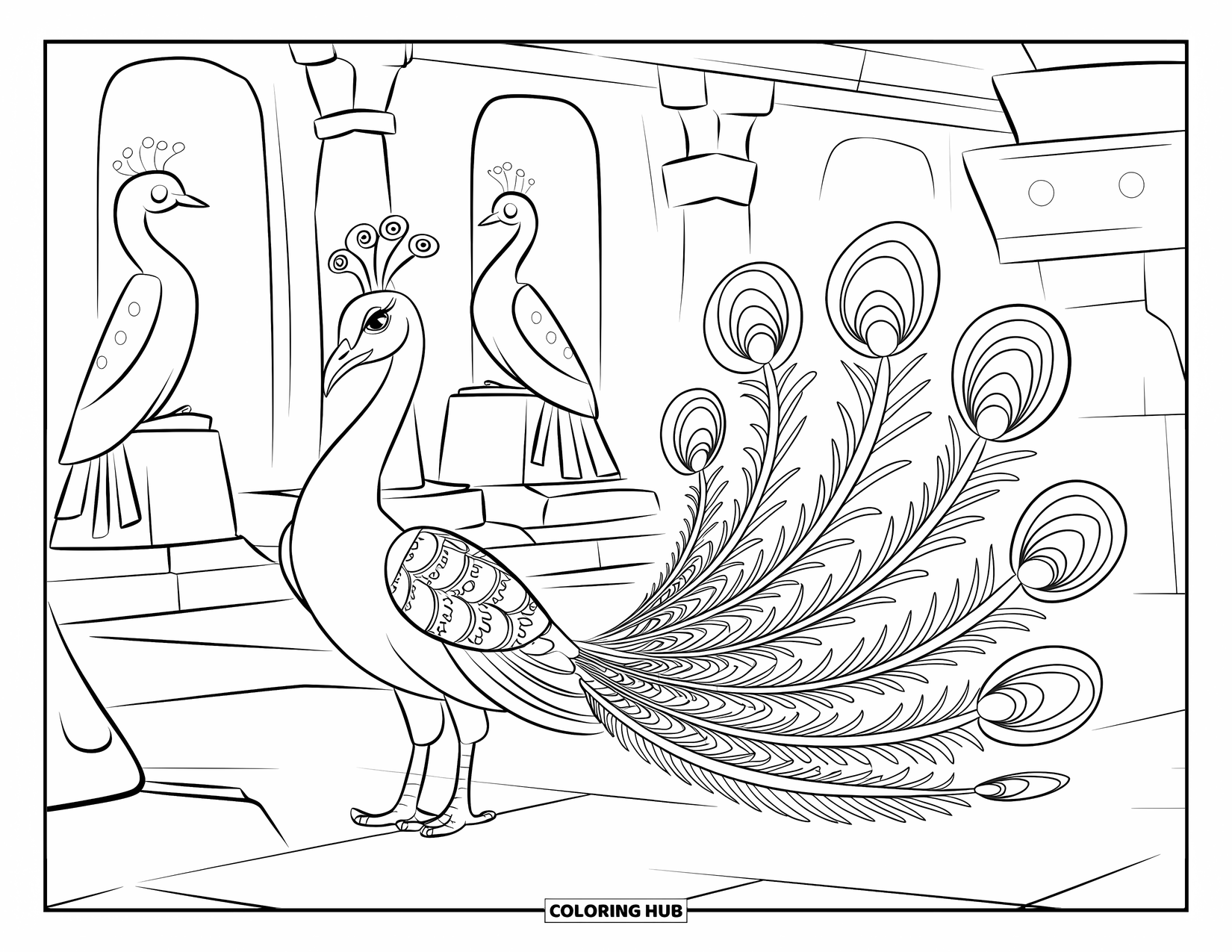 Disegno di pavone da colorare per bambini: Un pavone mistico con una coda vorticosa si erge nel cortile di un antico tempio