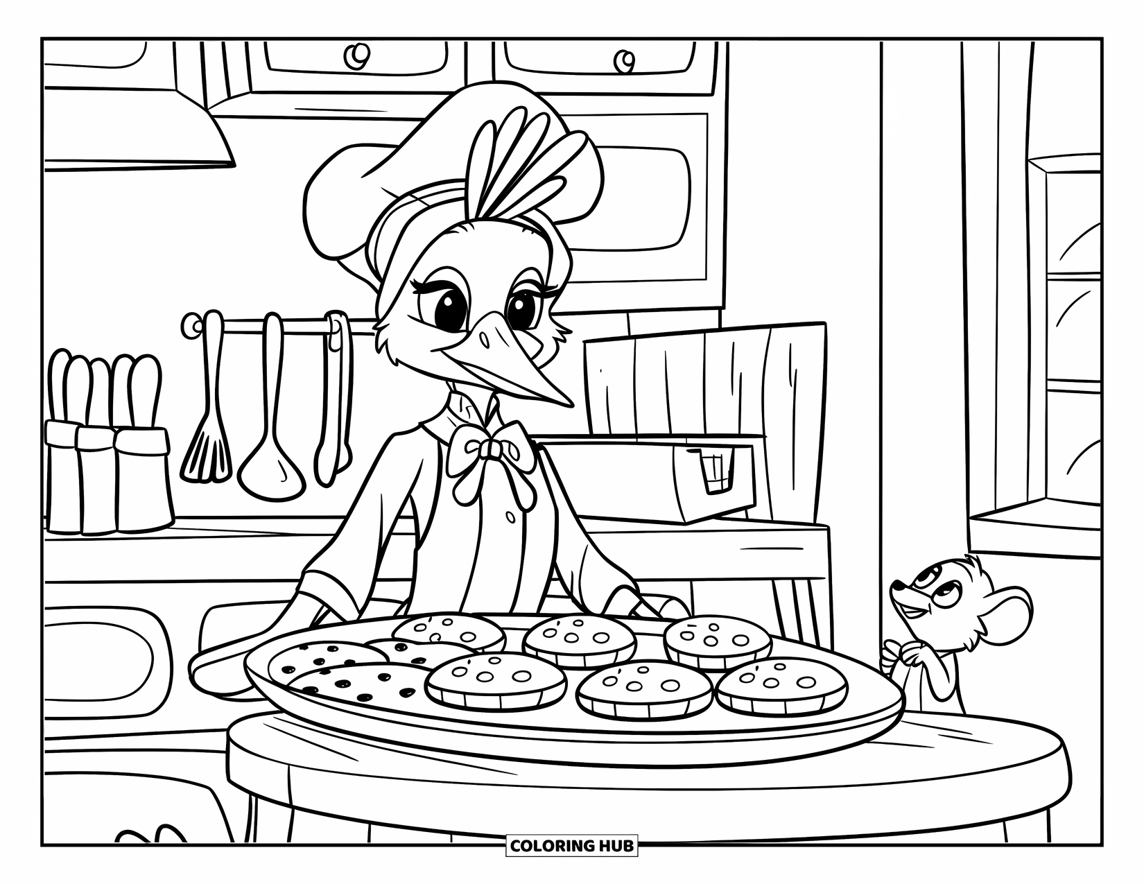 Disegno di pavone da colorare per bambini: Un pavone fornaio offre biscotti freschi in una piccola cucina accogliente