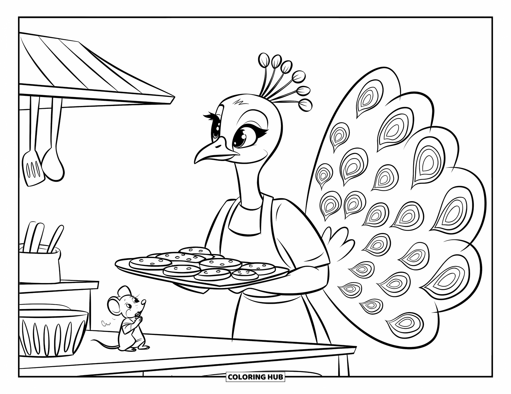 Disegno di pavone da colorare per bambini: Un pavone fornaio presenta dei biscotti, osservato da un topo desideroso