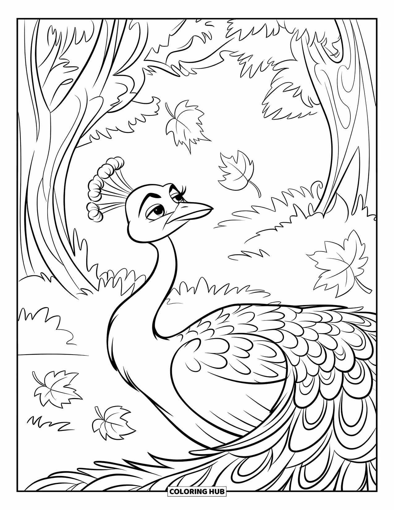Disegno di pavone da colorare per bambini: Un pavone osserva incuriosito le foglie autunnali che cadono intorno a lui vicino ad alberi colorati