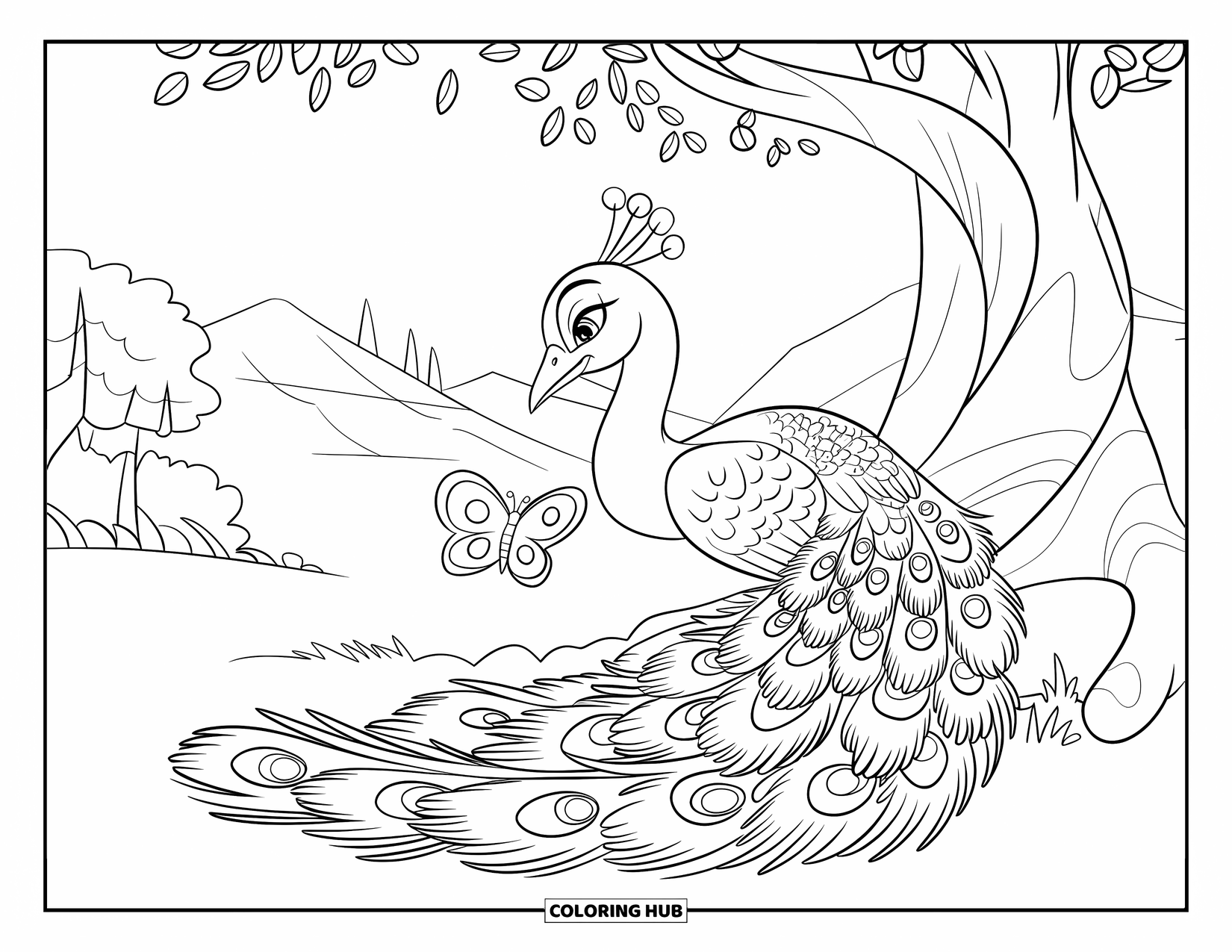 Disegno da colorare di un pavone per bambini: Un pavone si raggomitola sotto un albero, usando la sua coda come una comoda coperta