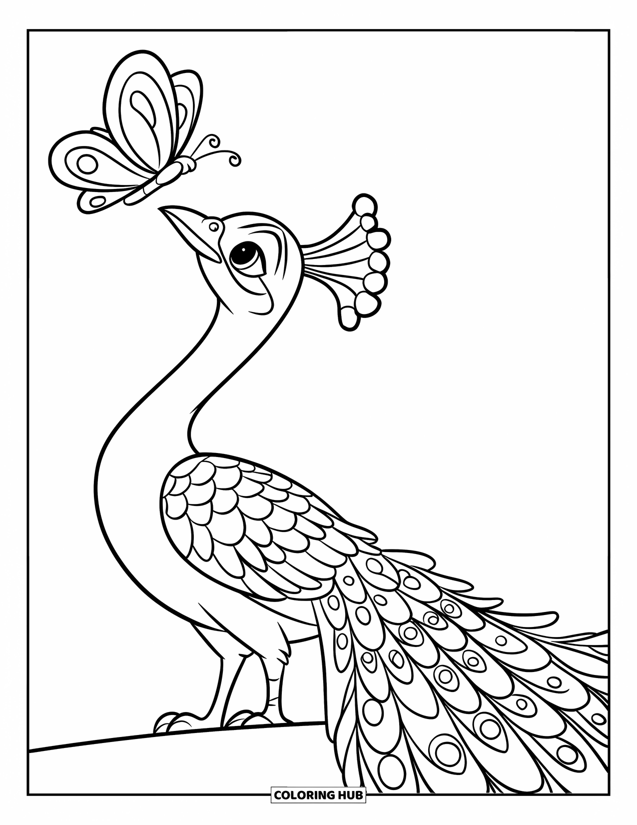 Disegno di pavone da colorare per bambini: Un pavone guarda in alto una farfalla, curioso e calmo