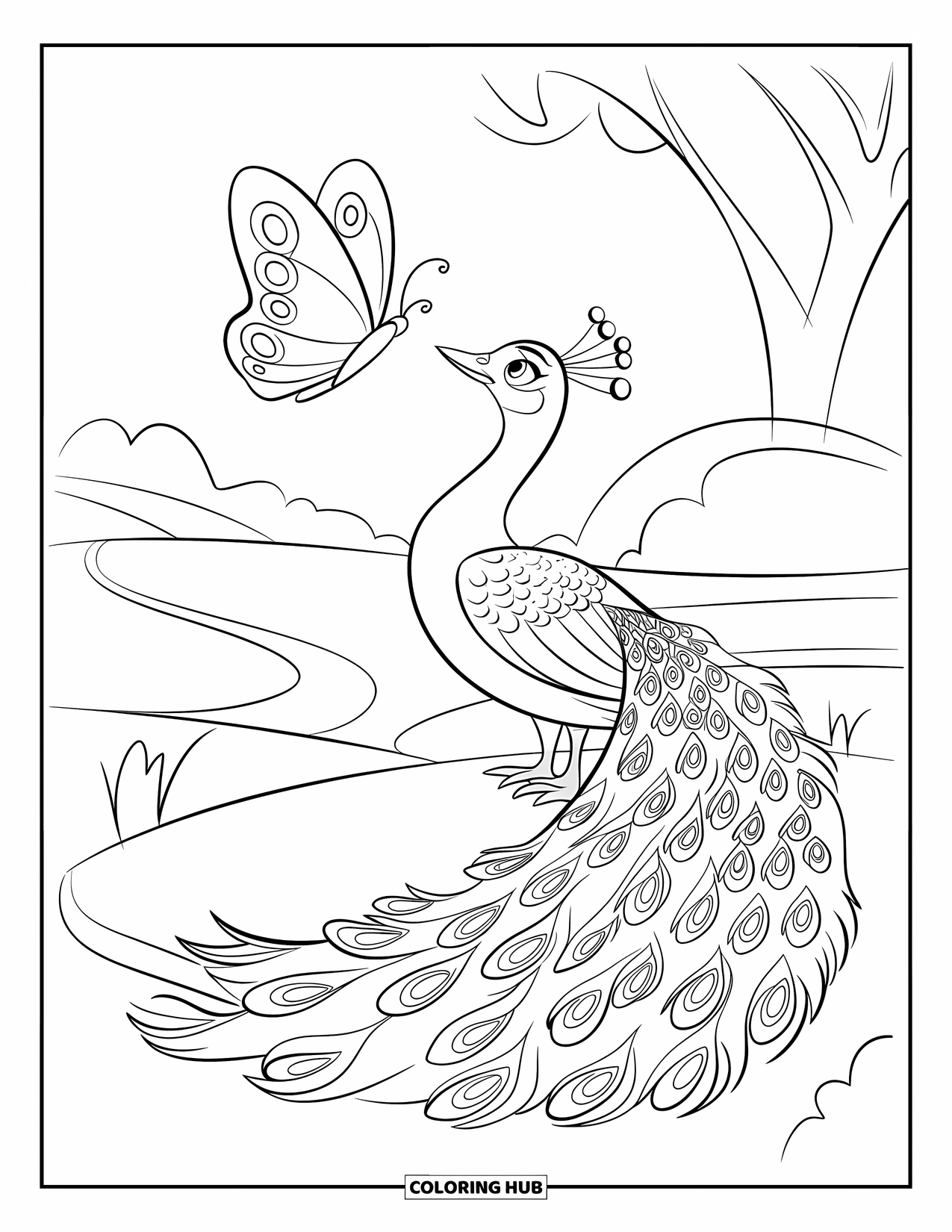 Disegno di pavone da colorare per bambini: Un pavone guarda in alto una farfalla con le piume spiegate