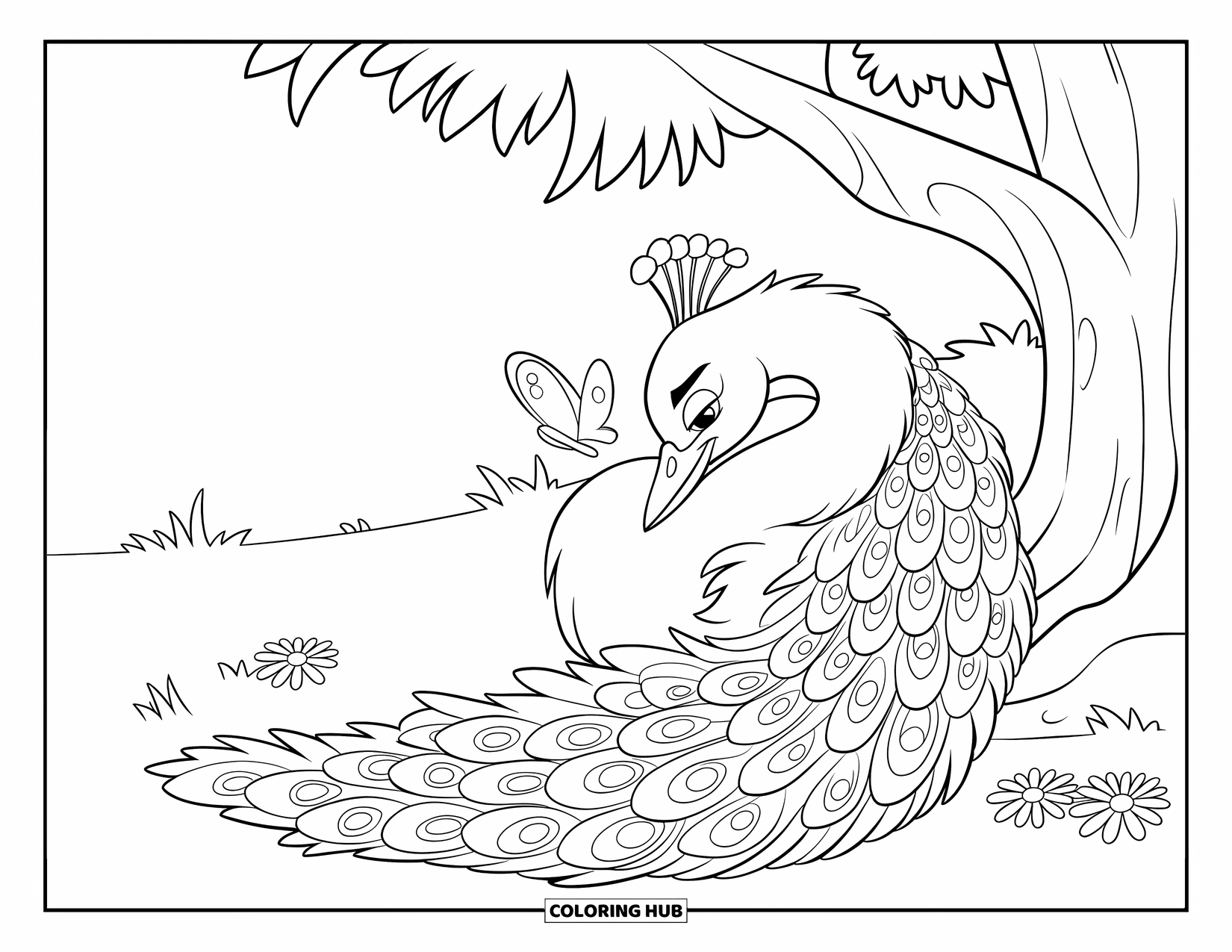 Disegno di pavone da colorare per bambini: Un pavone fa un pisolino sotto un albero, usando la sua coda come una coperta accogliente