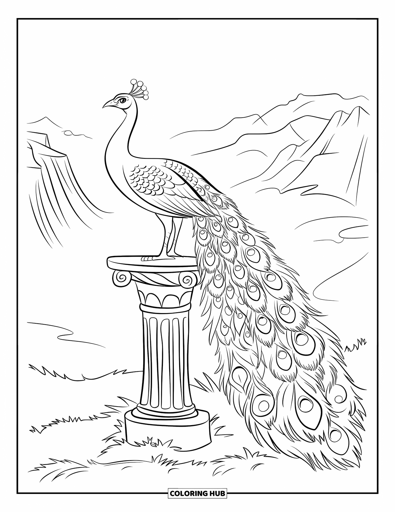 Disegno di pavone da colorare per bambini: Un pavone si appollaia su un vecchio piedistallo, fissando una valle nebbiosa e le montagne