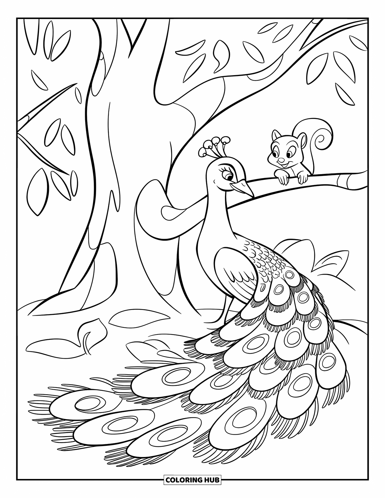 Disegno di pavone da colorare per bambini: Un pavone riposa sotto un grande albero, la sua coda è ben distesa, osservato da un curioso scoiattolo