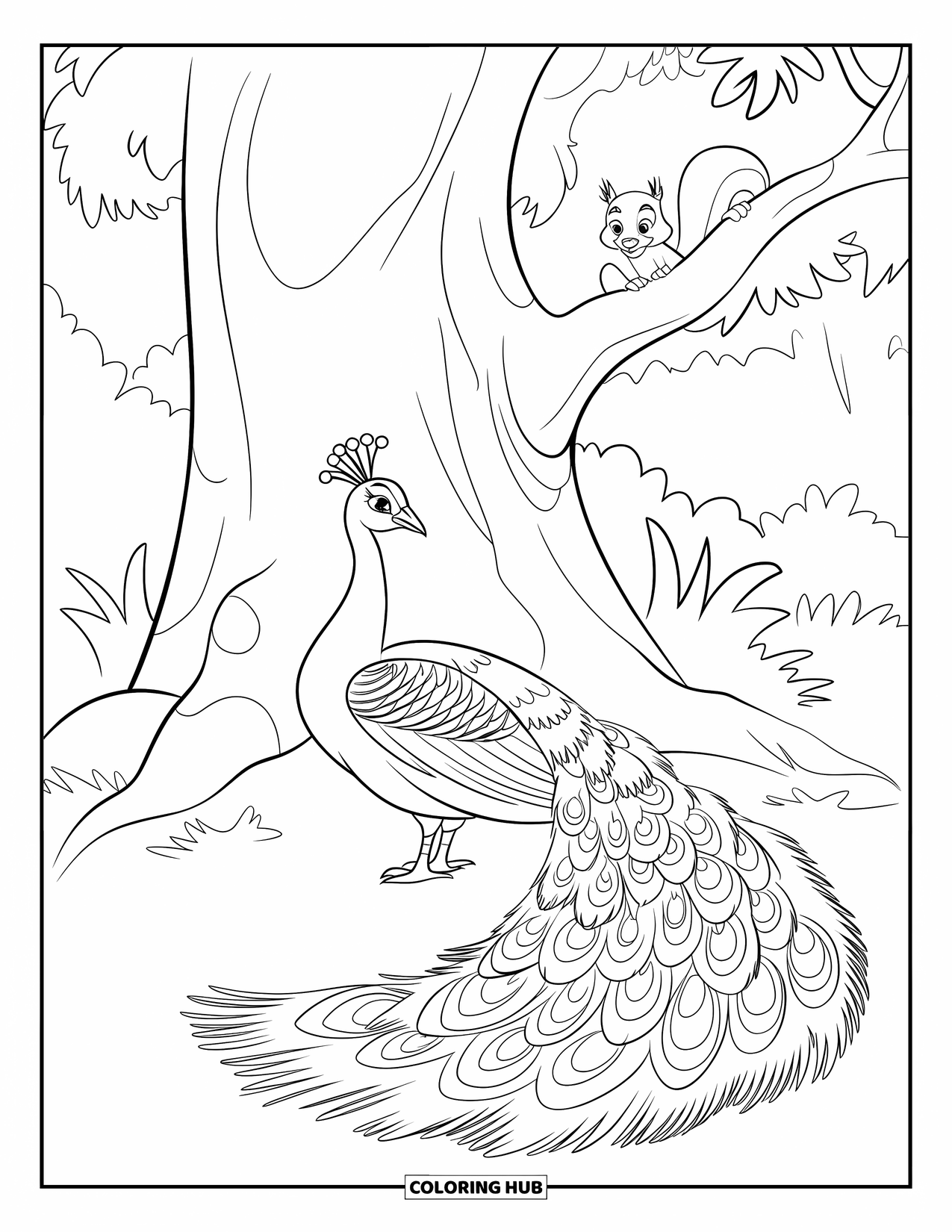 Disegno di pavone da colorare per bambini: Un pavone riposa sotto un albero, con la coda a ventaglio, con uno scoiattolo che osserva nelle vicinanze