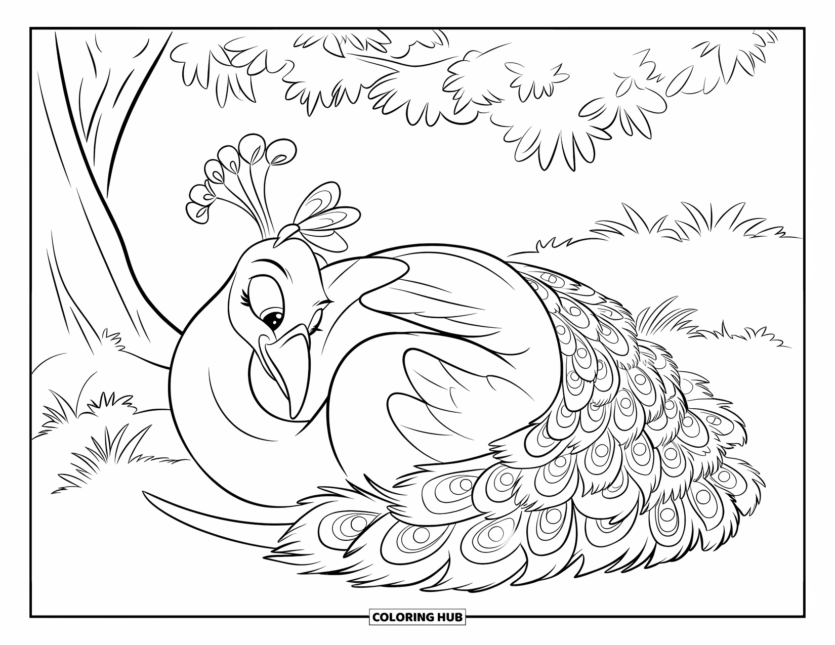 Disegno di pavone da colorare per bambini: Un pavone riposa sotto un albero con la sua coda come una coperta e una farfalla nelle vicinanze