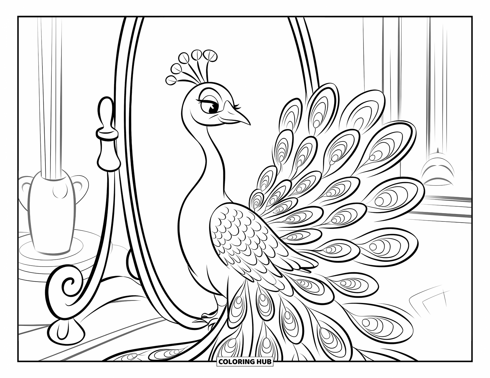 Disegno di pavone da colorare per bambini: Un pavone siede davanti a uno specchio, sorridendo al suo riflesso