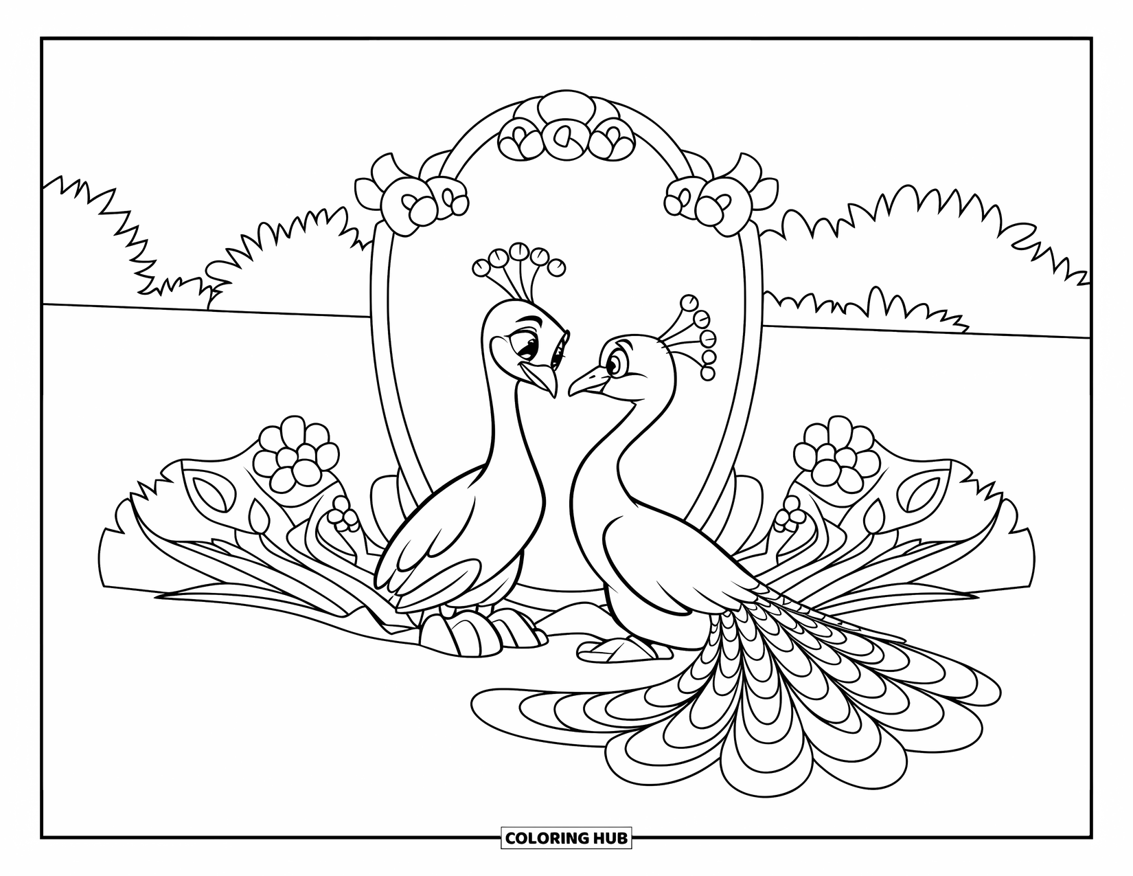 Disegno da colorare di un pavone per bambini: Un pavone sorride orgogliosamente al suo riflesso in uno specchio