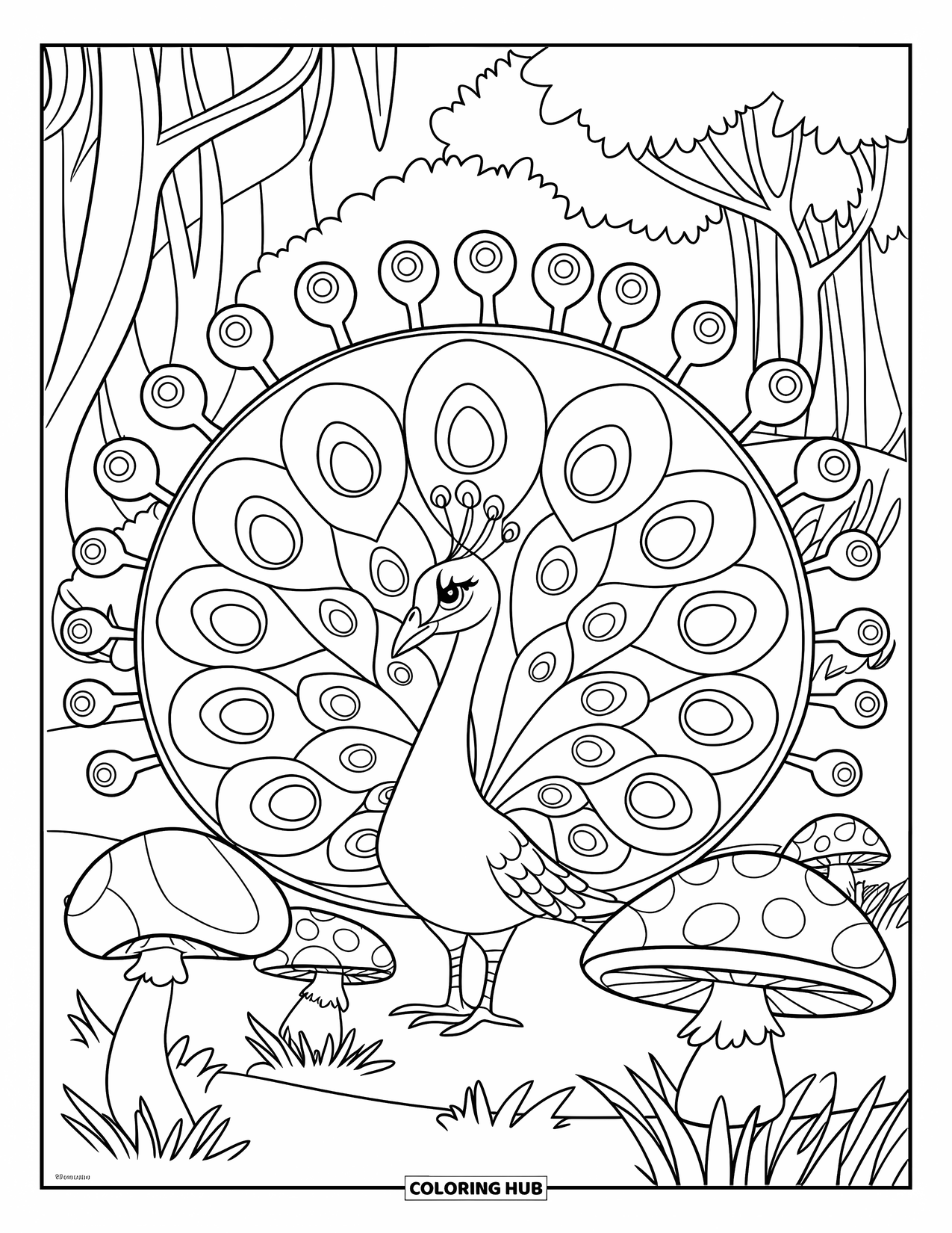 Disegno di pavone da colorare per bambini: Un pavone si trova tra fiori e funghi giganti in un giardino magico