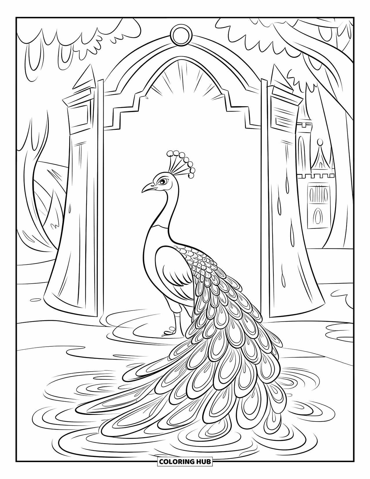 Disegno di pavone da colorare per bambini: Un pavone si erge davanti a un portale luminoso con la coda che si increspa come l'acqua