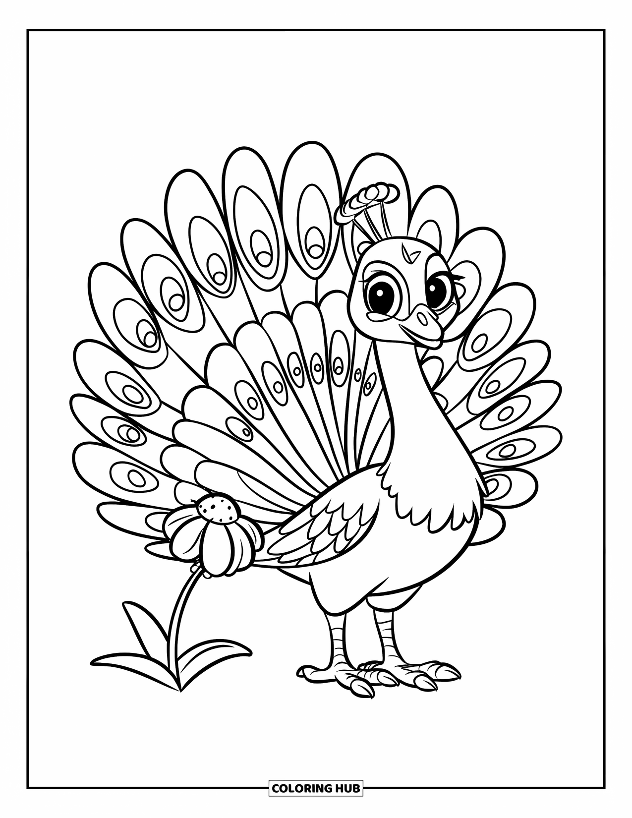 Disegno di pavone da colorare per bambini: Un pavone si erge vicino a un piccolo fiore, mostrando le sue piume luminose